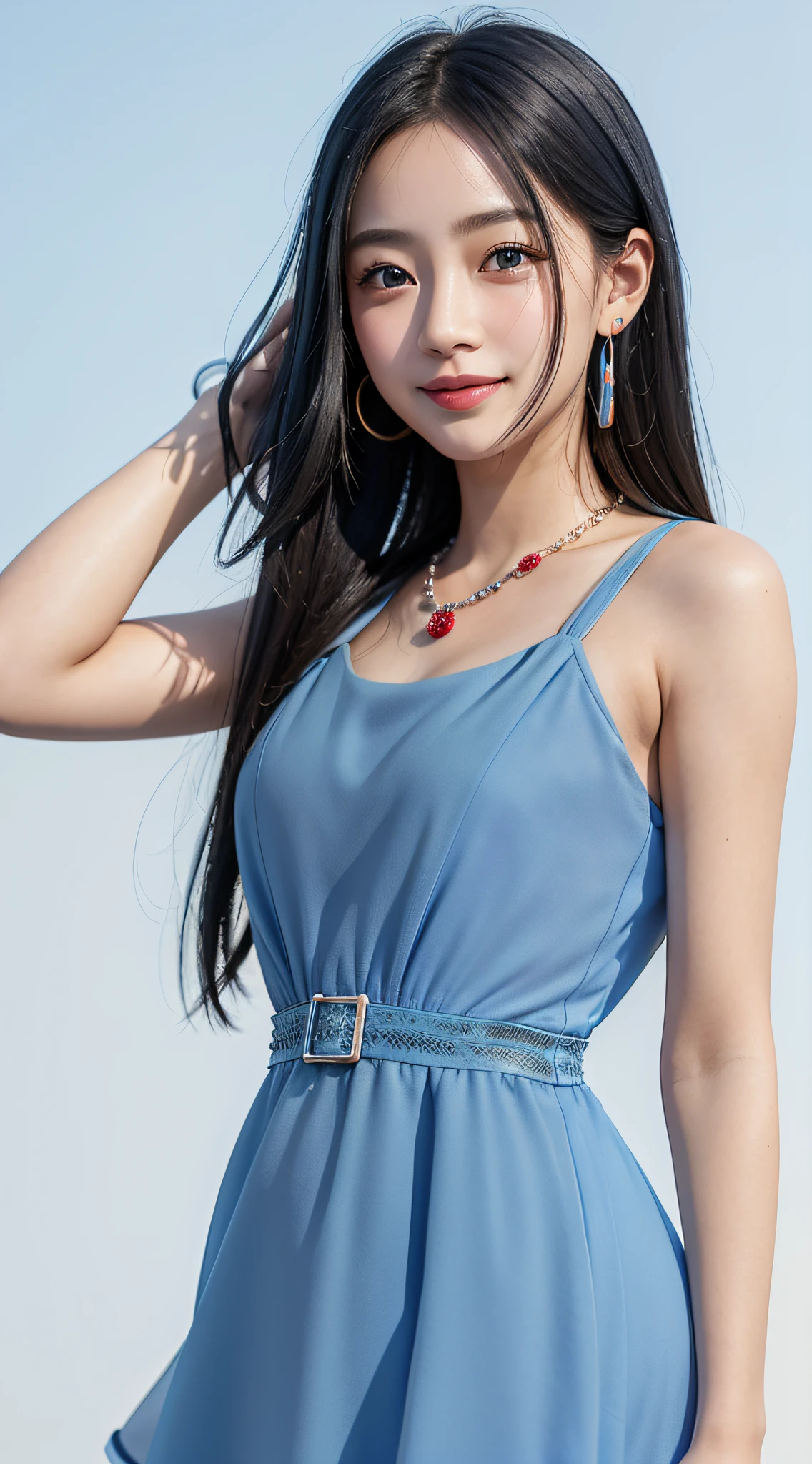 4K、 masterpiece, top-quality, 8K, absurderes, beautiful a girl, Clean face, looking at the viewers, A smile, (Blue Dress:1.7), Ruby Earrings, ruby necklace, Teen, cute little, (Glitter and smoky red eyeshadow and glitter, glazed pinkish red lips:0.8), A hyper-realistic, hight resolution, a picture, film grains, chromatic abberation, foco nítido, nffsw, face lights, Dynamic lighting, 电影灯光, Professional Shadows, simple background, (Dull blue background:1.3)、highestdetailed、Extreme details、ultra-detailliert、detaile、authentic skin、delicated facial features、detailed faces and eyes、Sharp pupils、Realistic pupils、(Black eye:1.0),full body Esbian、waistline、Slim type、