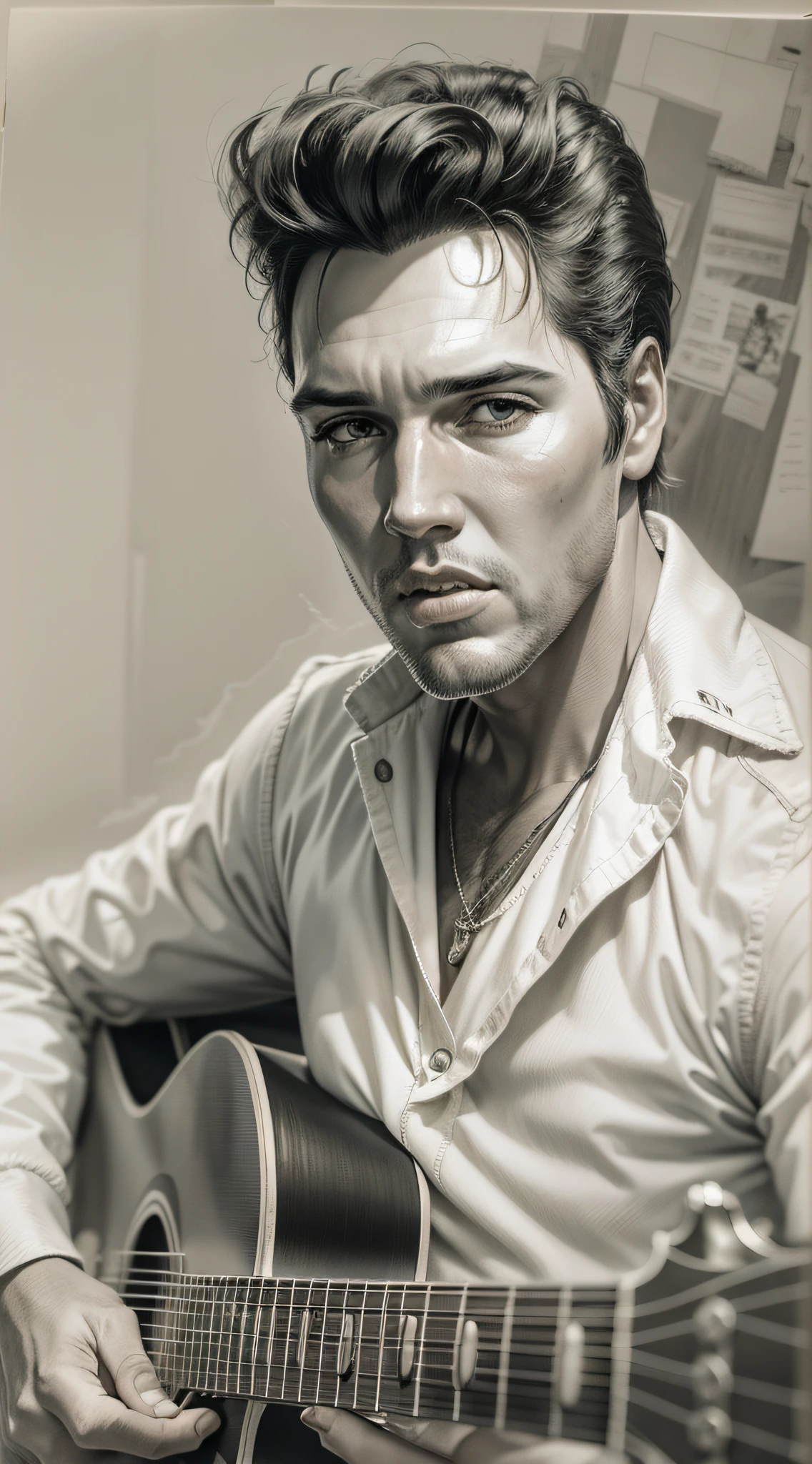 [Em uma folha de papel branco, a realistic portrait of Elvis Presley playing guitar is drawn with graphite pencils. He's in profile, Looking forward with a serious, concentrated expression. Ele usa um terno preto e uma gravata borboleta. He holds the guitar with both hands.., apoiando-o no peito. A guitarra tem detalhes em ouro e preto. The design is inspired by the style of Will Costa, a Brazilian illustrator who does hyper-realistic work with pencils.]