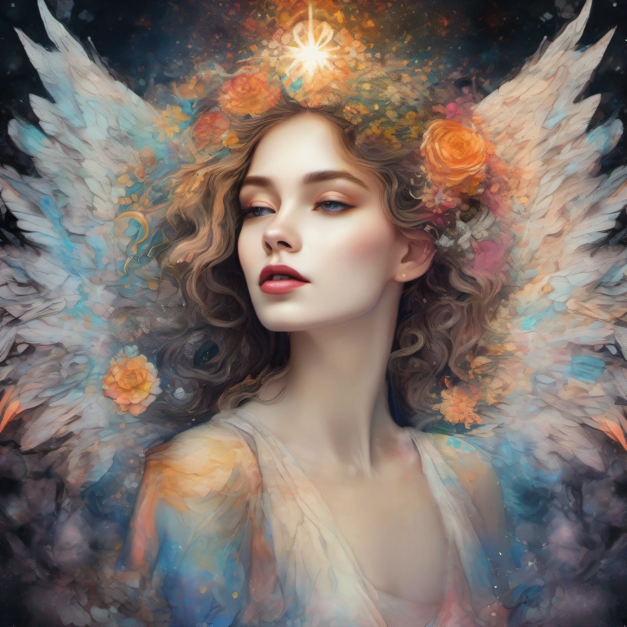 (((splash art style, Beautiful angel girl, melted and blended in alcohol ink and Mandala paint design))) detailed painting of a mandala as a background))) Nikon Z 14mm ultra-wide angle lens, award-winning glamour photograph, ((best quality)), ((masterpiece)), ((realistic)), geometric forms, subsurface scattering, radiant light rays, high-res, detailed facial features, high detail, sharp focus, smooth, aesthetic, extremely detailed, angle ,glowing ,UHD, vivid colors ,Arthur Rackham, Dr. Seuss , Norman Rockwell, magic ,digital illustration@CreatorWIN