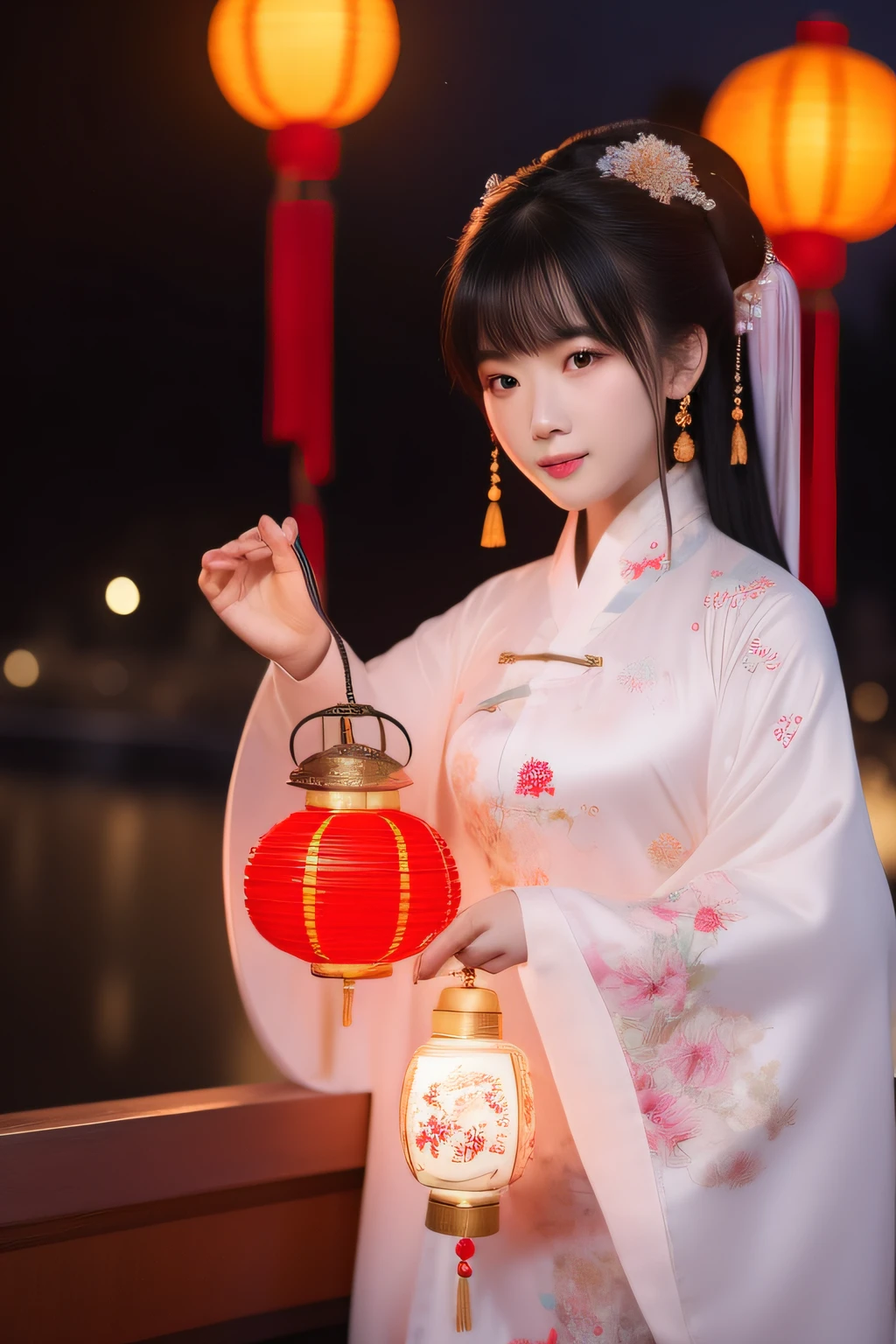 the night，A woman in Chinese clothing carries a lantern