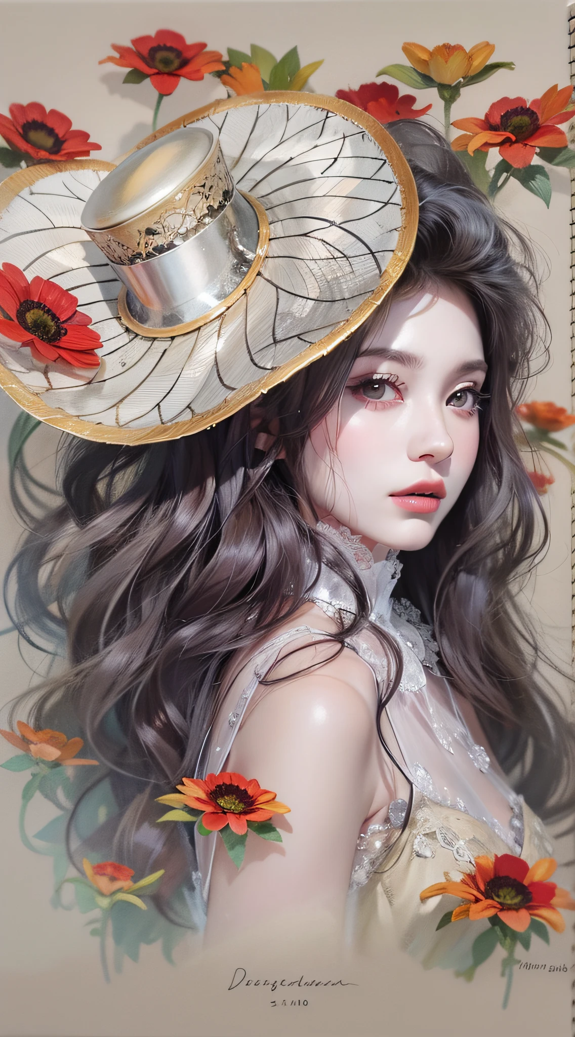 [Em uma folha de caderno de desenho com linhas azuis, A beautiful and intriguing woman looks at the viewer with a faint smile on her lips. Ela tem cabelos longos e escuros, que caem sobre os seus ombros. She wears a black hat adorned with red flowers, yellow and purple on the head. The hat contrasts with the white background of the leaf. The image is a true work of art of pencil painting, inspirada no estilo realista e detalhado de Diego Koi, um famoso artista italiano.]