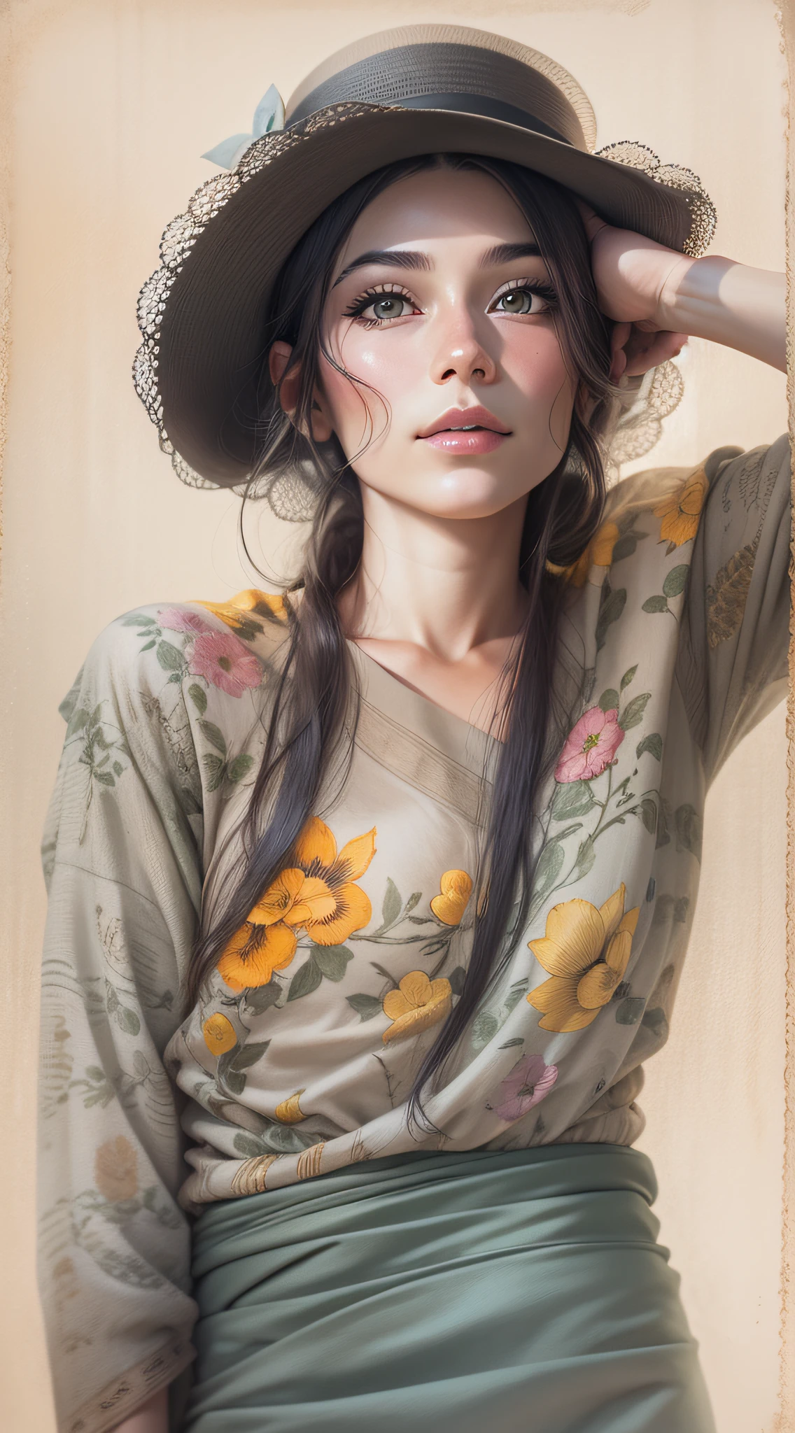 [Em uma folha de caderno de desenho com linhas azuis, A beautiful and intriguing woman looks at the viewer with a faint smile on her lips. Ela tem cabelos longos e escuros, que caem sobre os seus ombros. She wears a black hat adorned with red flowers, yellow and purple on the head. The hat contrasts with the white background of the leaf. The image is a true work of art of pencil painting, inspirada no estilo realista e detalhado de Diego Koi, um famoso artista italiano.]