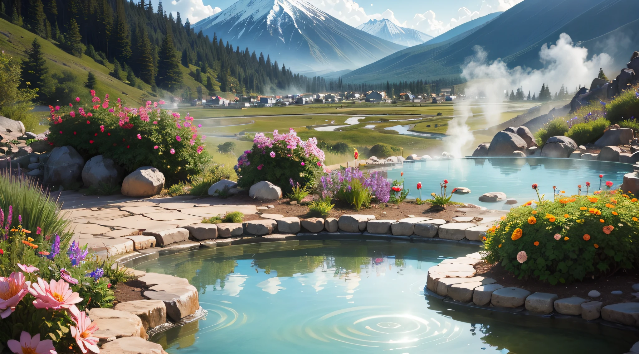Hot springs, flowers, steamy, mountain views, exotic, see through, clear, beautiful, realistic photo --auto