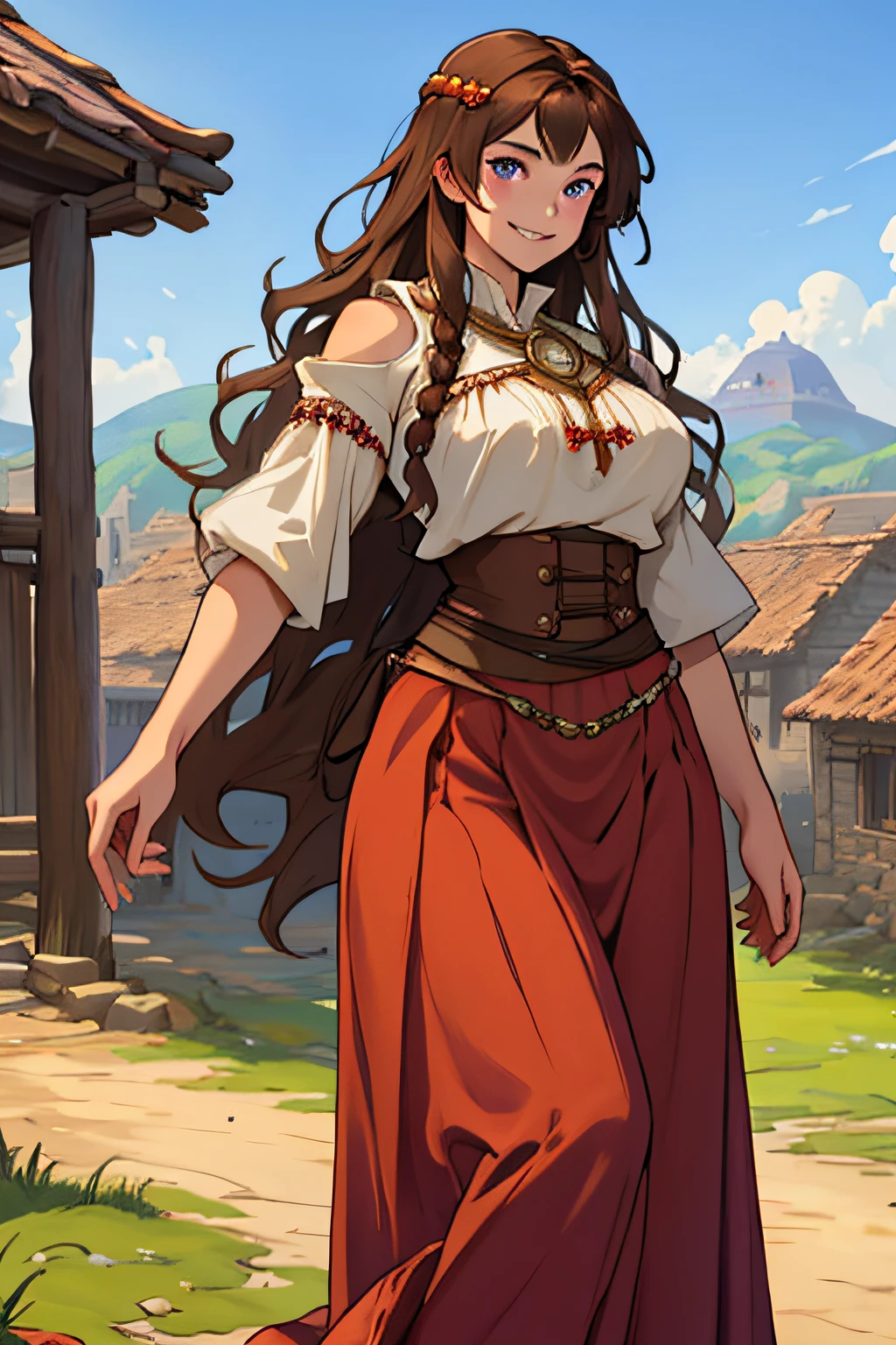 Conan Exiles Style, young female (), top rated pixiv, statuesque body, (hourglass figure) voluptuous bust, narrow waist, wide hips, princess face, smile, long wavy brown hair, violet eyes (princess eyes ), D&D character, peasant girl, village girl, long red skirt (((long skirt))), low cut shirt, medieval style dress, simple clothing, human, beautiful face, young face, image of skill, village girl clothes, kind expression, kind, beautiful young lady, village with a mill in the background, seductive, waifu