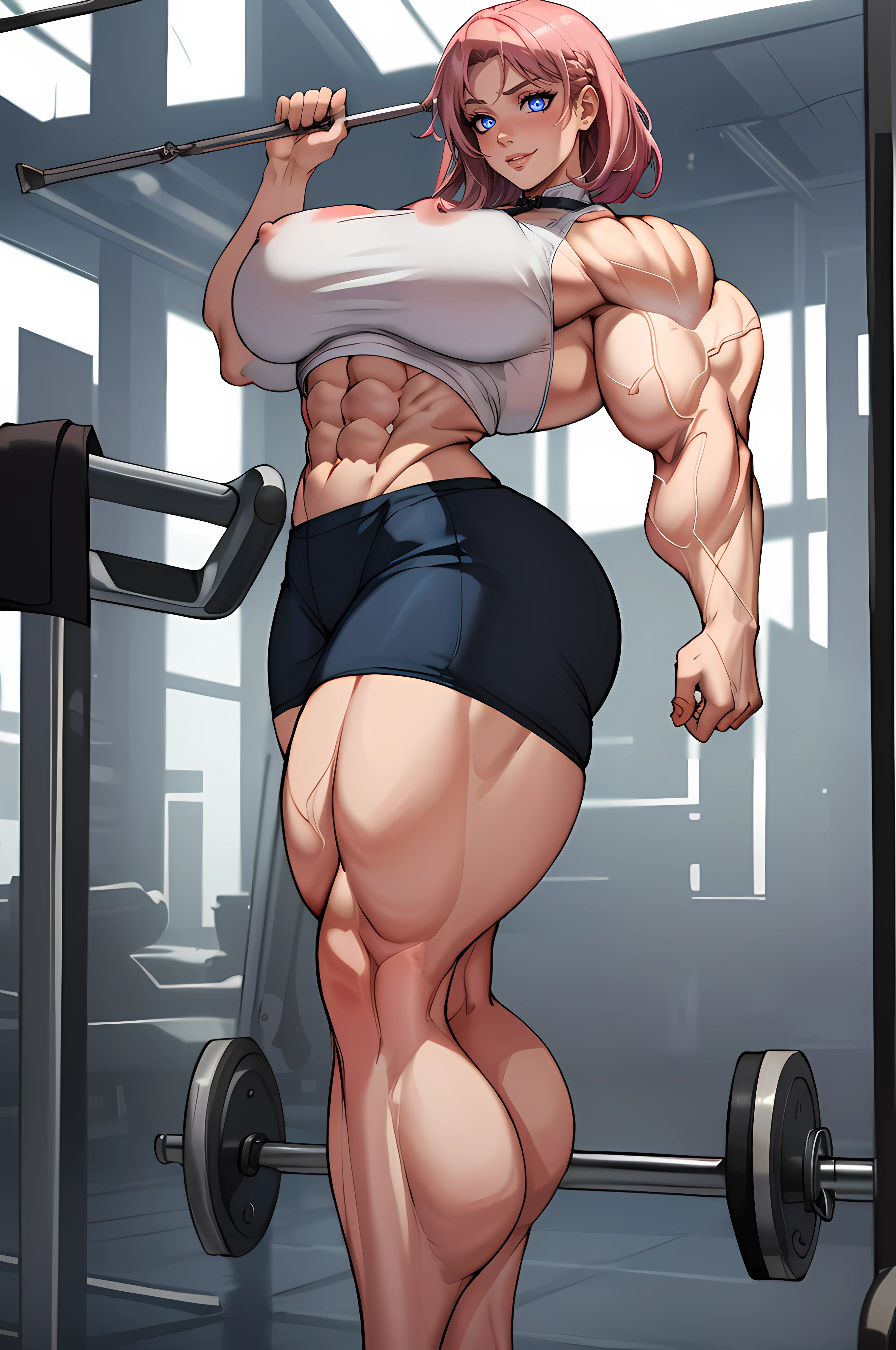(Masterpiece, ultra detailed: 2), (best quality: 2), (beautiful woman: 2), (beautiful face: 2), thick muscular neck, matching face structure, matching neck, matching skin tone, matching trapezius muscles, matching hair, slight smirk, big eyes, glowing indigo eyes,