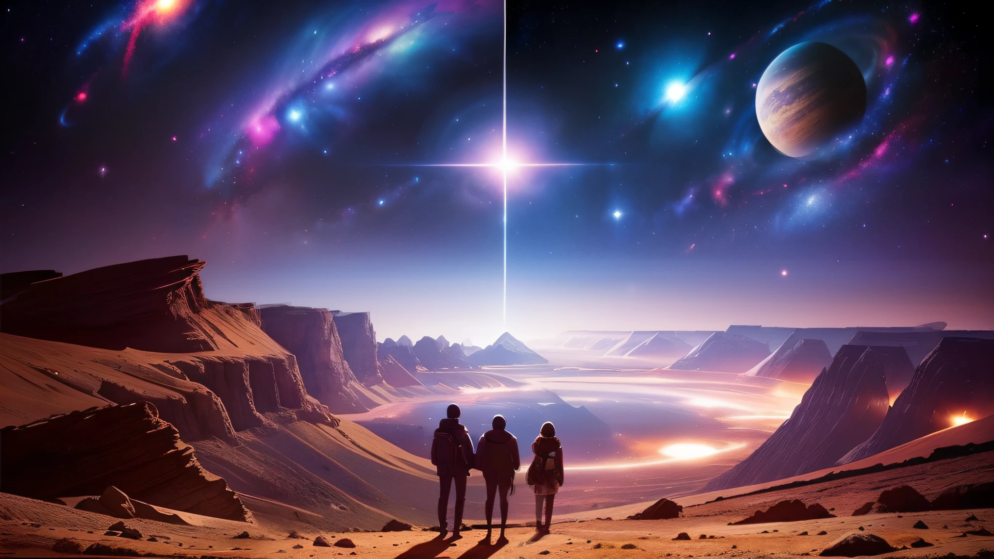 Portrait of several people looking at a cosmic landscape, outro planeta, galaxies in the sky, cosmic dust, epic scene, amazing scenery, various galaxies, muitas montanhas.