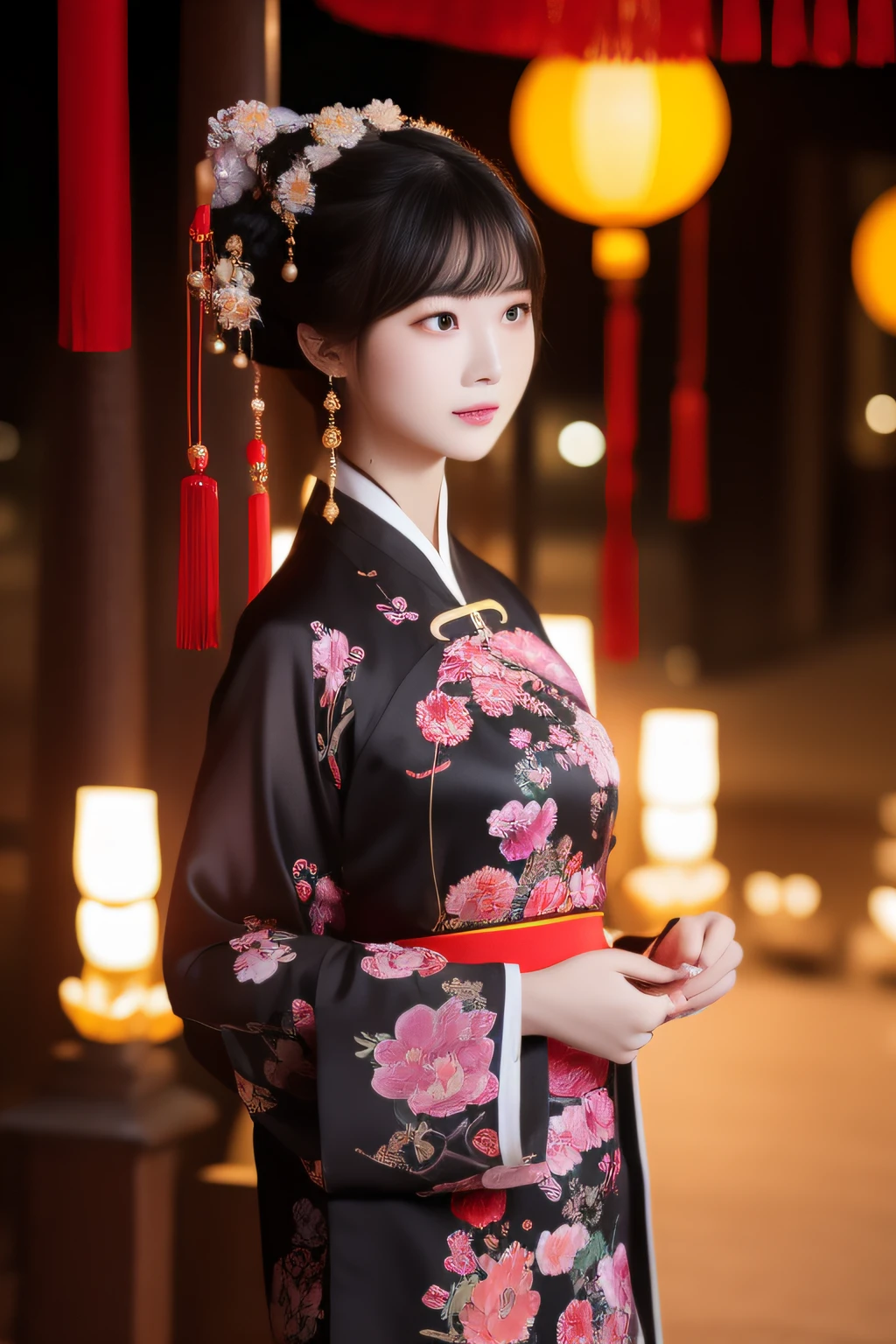 the night,A woman in Chinese clothing carries a lantern