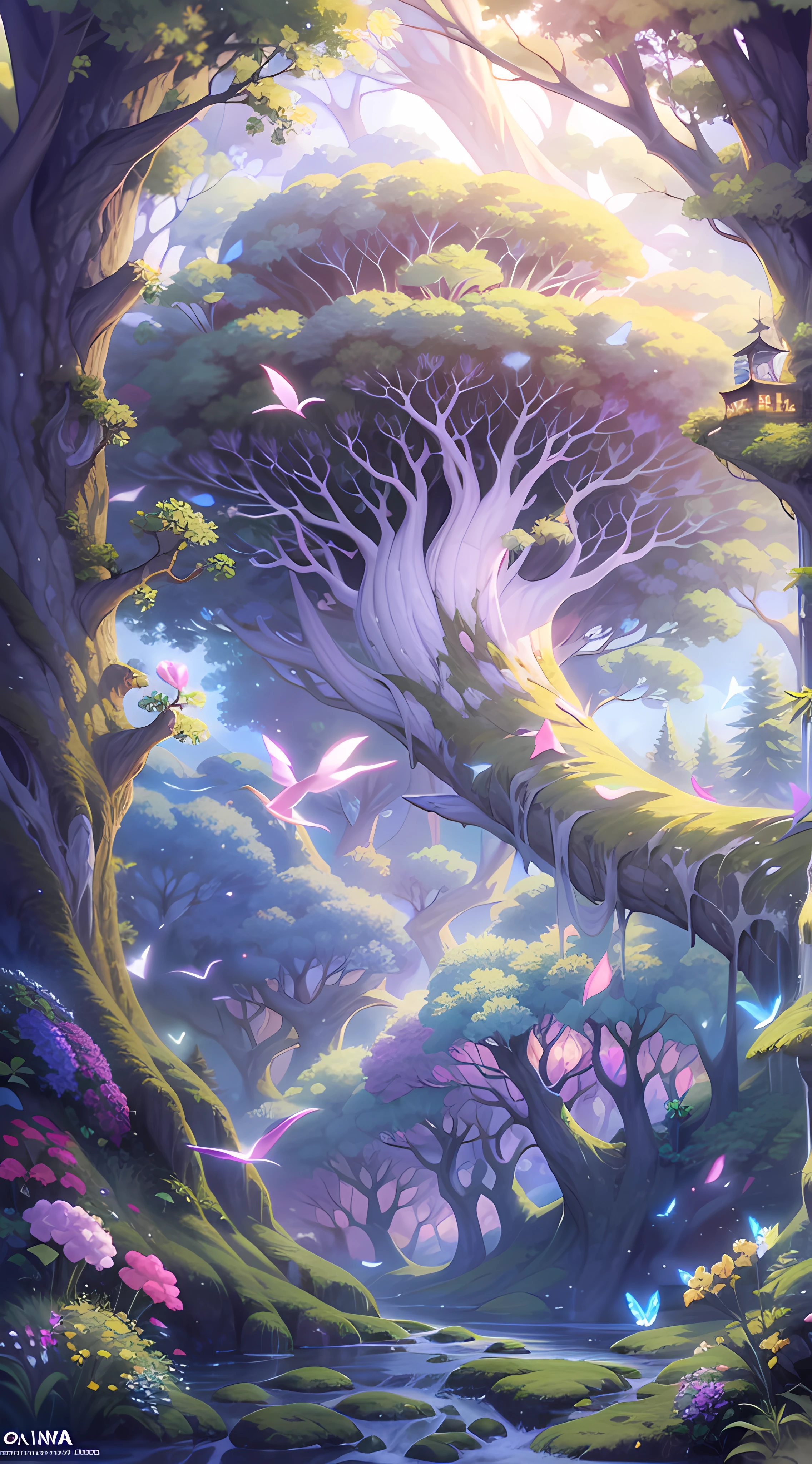 Ilustracion de fantasia, fondo de anime, paramo nevado con bosque de fondo, arboles blancos, rosas color lila floreciendo de la nieve (mejor calidad, obra maestra de la ilustracion, ganador de concurso pixiv, fondo hermoso de fantasia) luz de dia magica, nubes mastodonte color lila