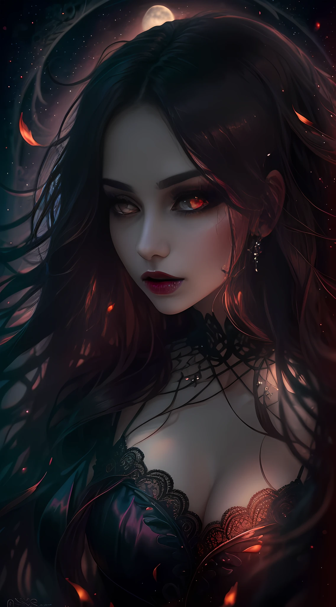 Gothic beauty, Pale skin, elegant attire, Blood-red lips, piercing eyes, poison fangs, flowing dark hair, An unforgettable presence, ethereal glowing, Dramatic lighting, mystical aura, alluring gaze, moonlit backdrop, Delicate lace detailing, Victorian style fashion, captivating expression, Night charm, A subtle hint of supernatural power. --auto --s2