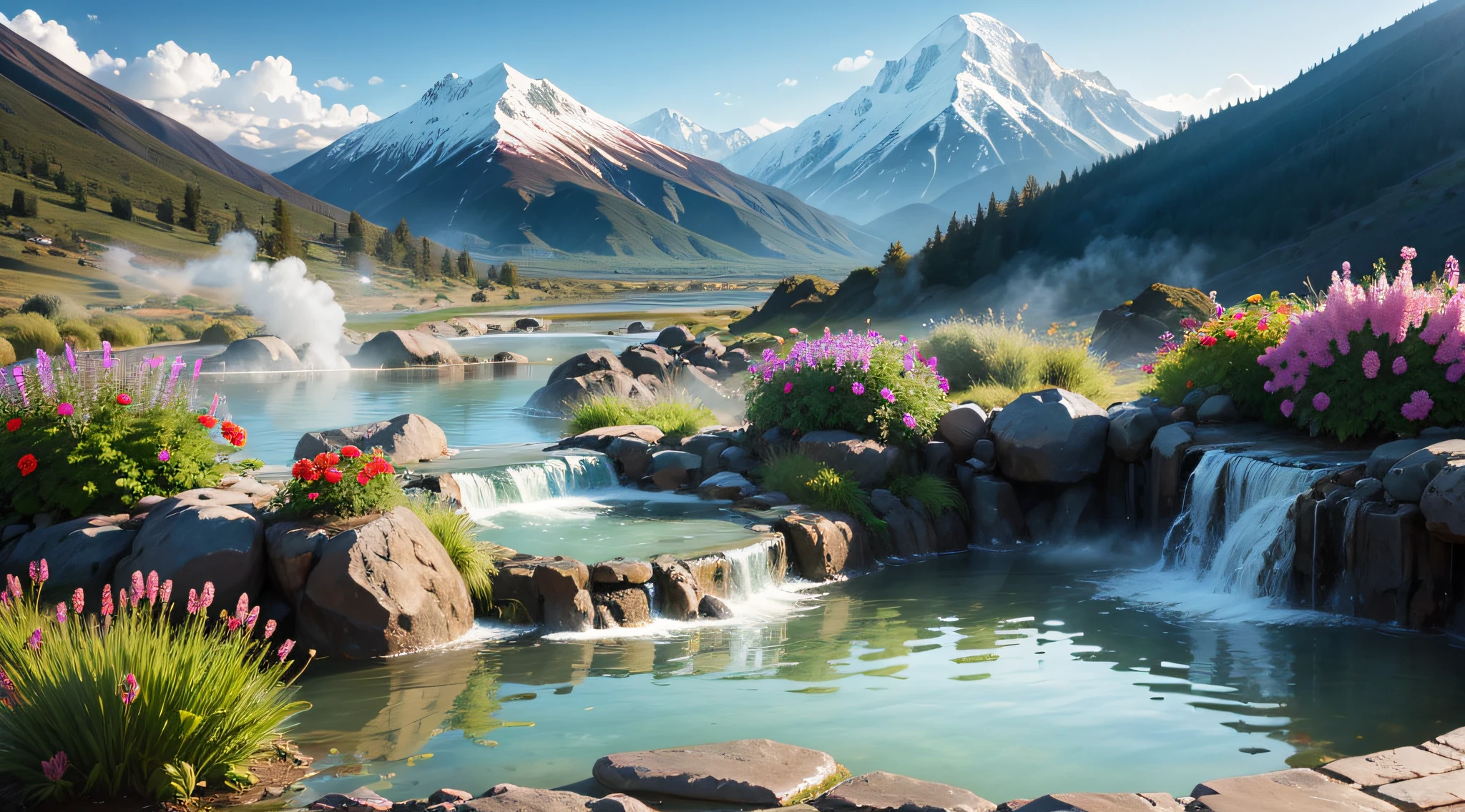 Hot springs, flowers, steamy, mountain views, exotic, see through, clear, beautiful, realistic photo --auto