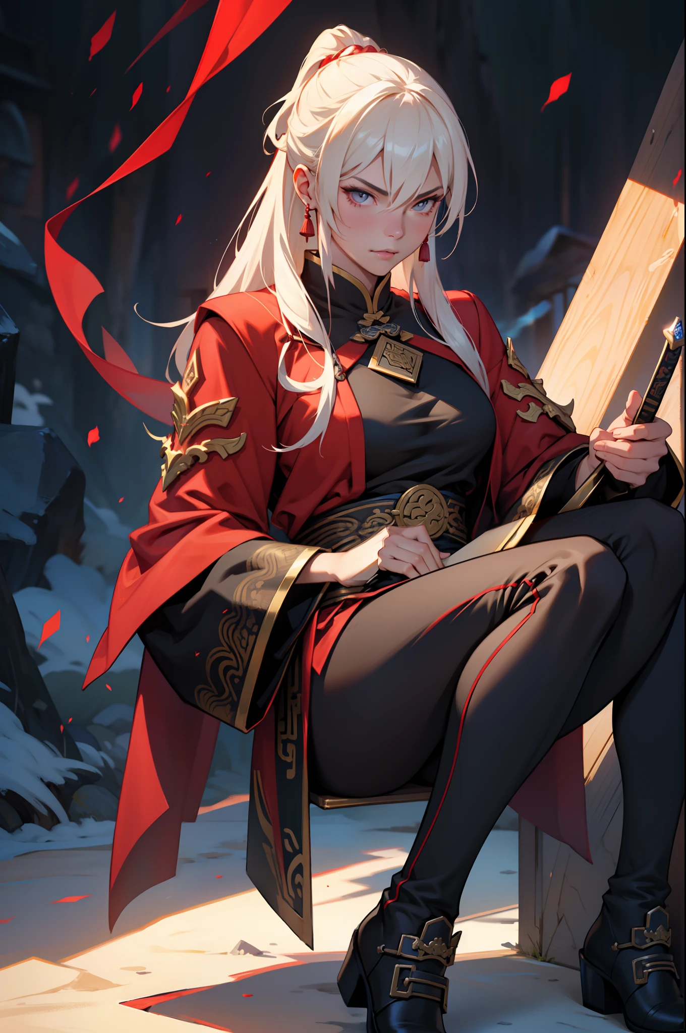 An ancient Chinese female general、Sword in hand、Grim expression、full bodyesbian、Clear facial features、Amazing facial features,Red robes,armour,boots,Chinese style background,Game model, Stunning lighting, C4D,oc rendered,cinematic rim light,The light is delicate,tmasterpiece,ultra - detailed,Epic composition,Super HD,high qulity,HighestQuali,32k