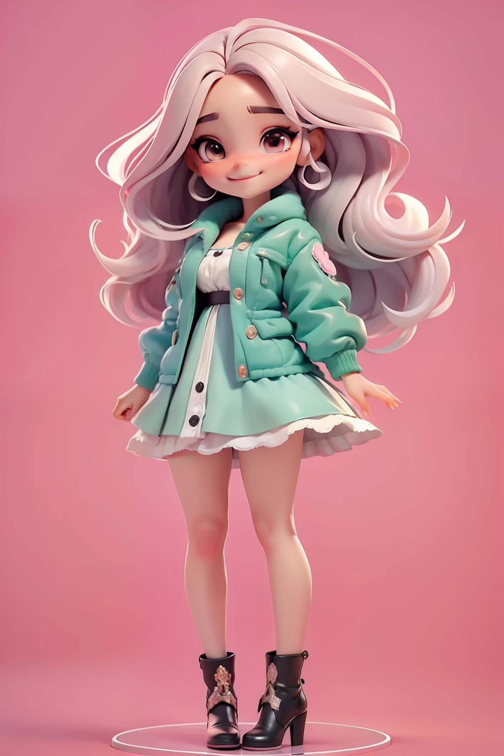 (obra-prima), (melhor qualidade), (ultra-detalhado), (corpo inteiro: 1.2), 1girl, chibi, jaqueta preta, vestido branco, cabelos longos,  blush, sorriso meigo