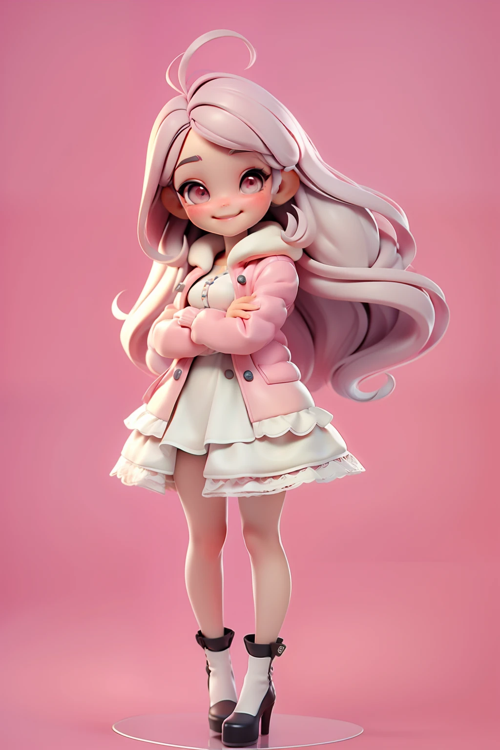 (obra-prima), (melhor qualidade), (ultra-detalhado), (corpo inteiro: 1.2), 1girl, chibi, jaqueta preta, vestido branco, cabelos longos, blush, sorriso meigo