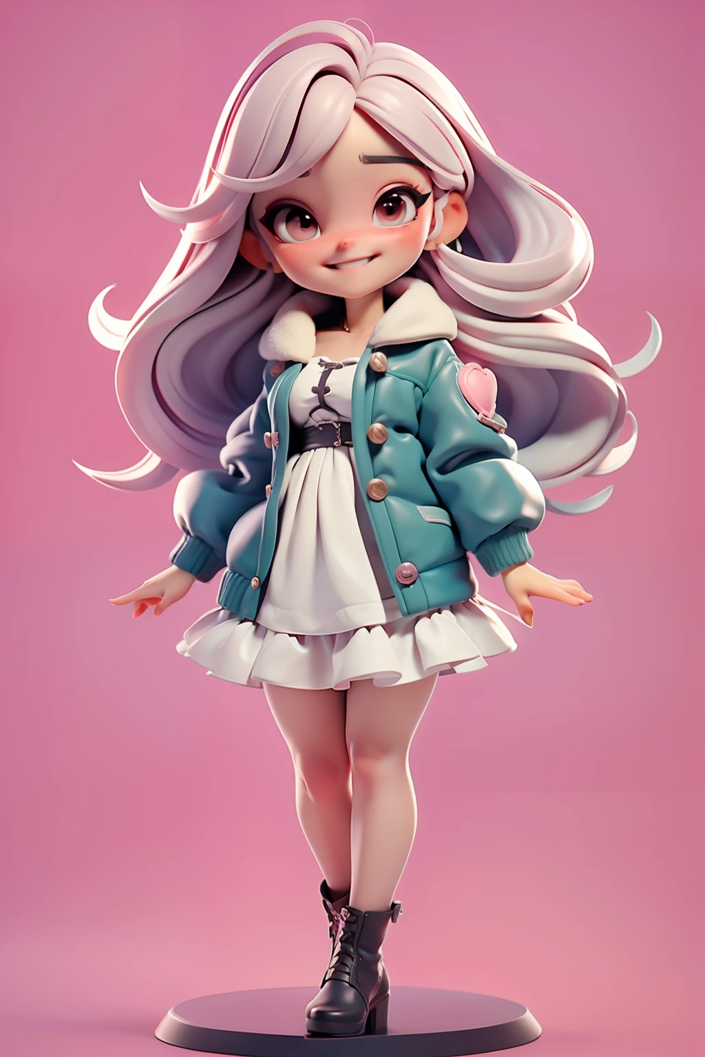 (obra-prima), (melhor qualidade), (ultra-detalhado), (corpo inteiro: 1.2), 1girl, chibi, jaqueta preta, vestido branco, cabelos longos, blush, sorriso meigo