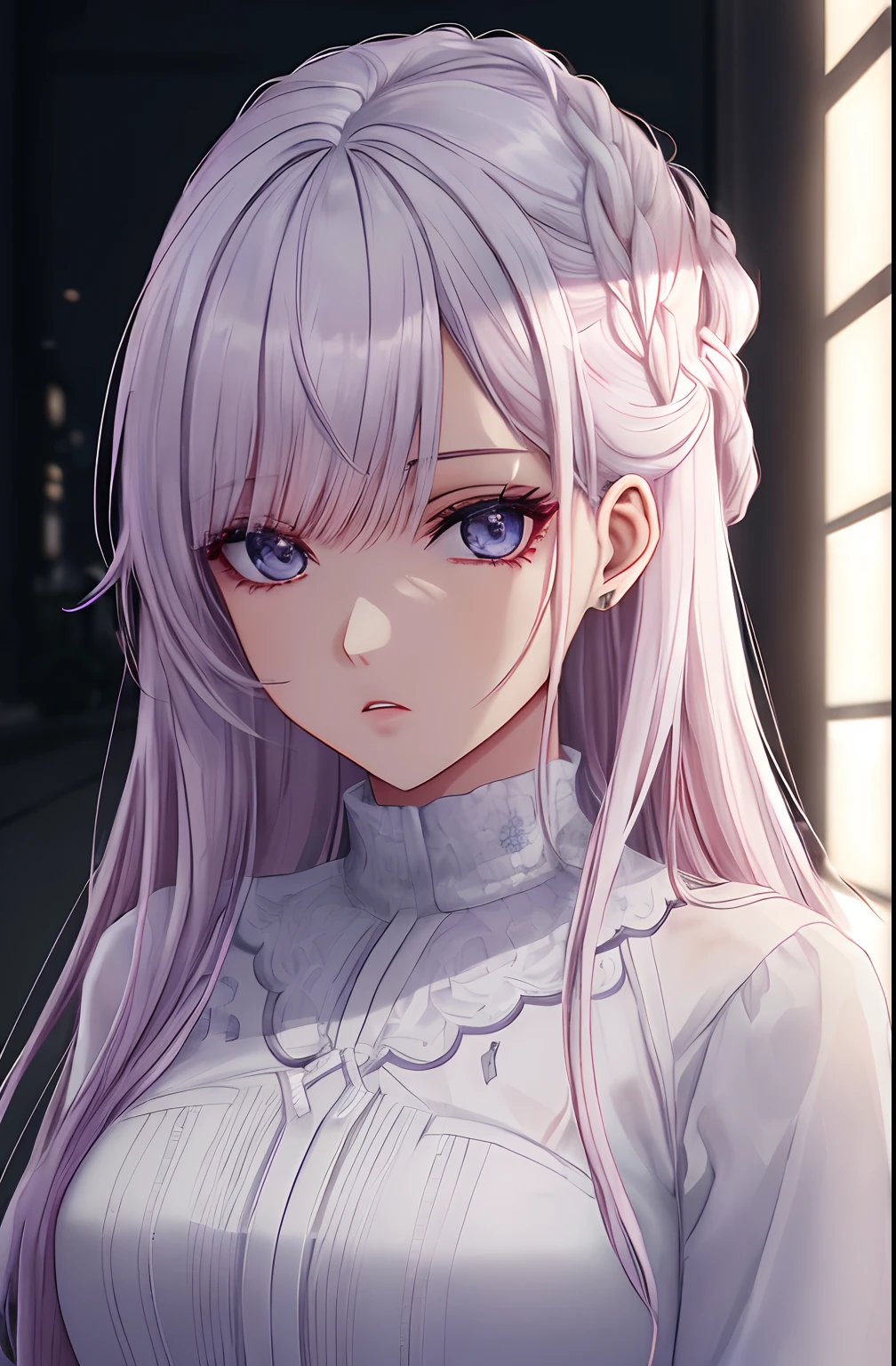 kk, melhor qualidade, mais detalhes, obra-prima, 1 girl, kaneki ken, retrato, foco feminino, olhos vermelhos, solo, franja, olhando para o espectador, capuz rosa, cabelo curto, chuva, tokyo tokyo \(cidade\), capuz, nail polish, cabelo branco, luxuoso, 8k, detalhado, ray tracing, profundidade de campo, cinematic lighthing,
