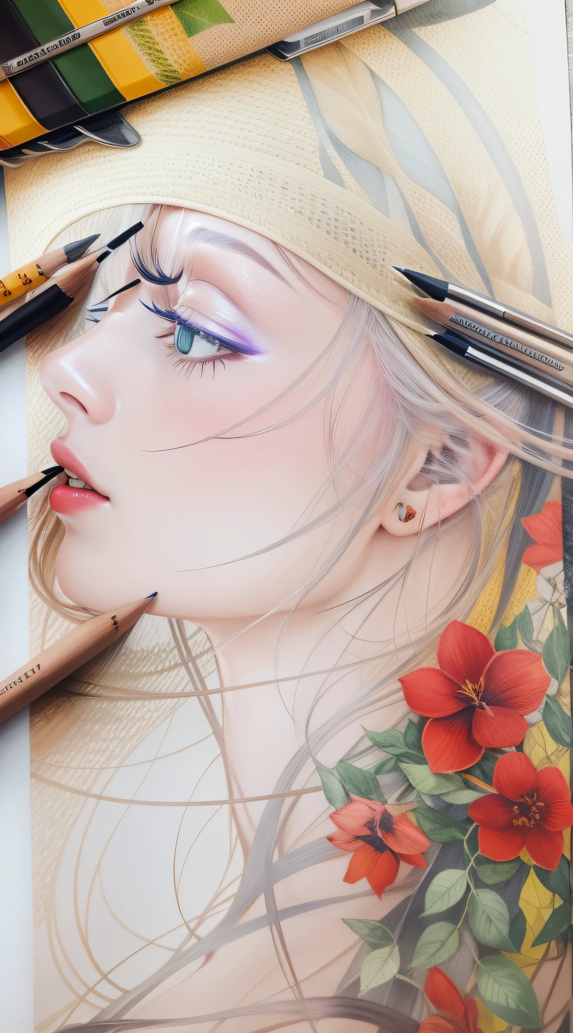 [Em uma folha de caderno de desenho com linhas azuis, A beautiful and intriguing woman looks at the viewer with a faint smile on her lips. Ela tem cabelos longos e escuros, que caem sobre os seus ombros. She wears a black hat adorned with red flowers, yellow and purple on the head. The hat contrasts with the white background of the leaf. The image is a true work of art of pencil painting, inspirada no estilo realista e detalhado de Diego Koi, um famoso artista italiano.]