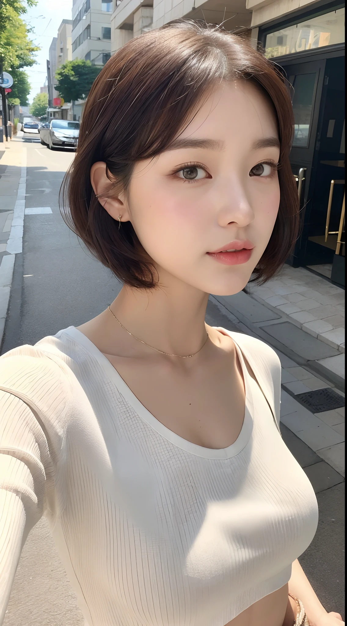((best qualtiy,8K,tmasterpiece:1.3)),(Flower Cap:1.3),Perfect beauty:1.4,glute:1.2,(Layered Hair Style:1.2)),(the street:1.3),Highly Detailed Face and Skin Textur,full bodyesbian,Elaborate Eyes,二重まぶた,Whitens the skin,Short wave hair,Cute Korean beauty(with a round face:1.5),(Loose top,shorter pants:1.6)