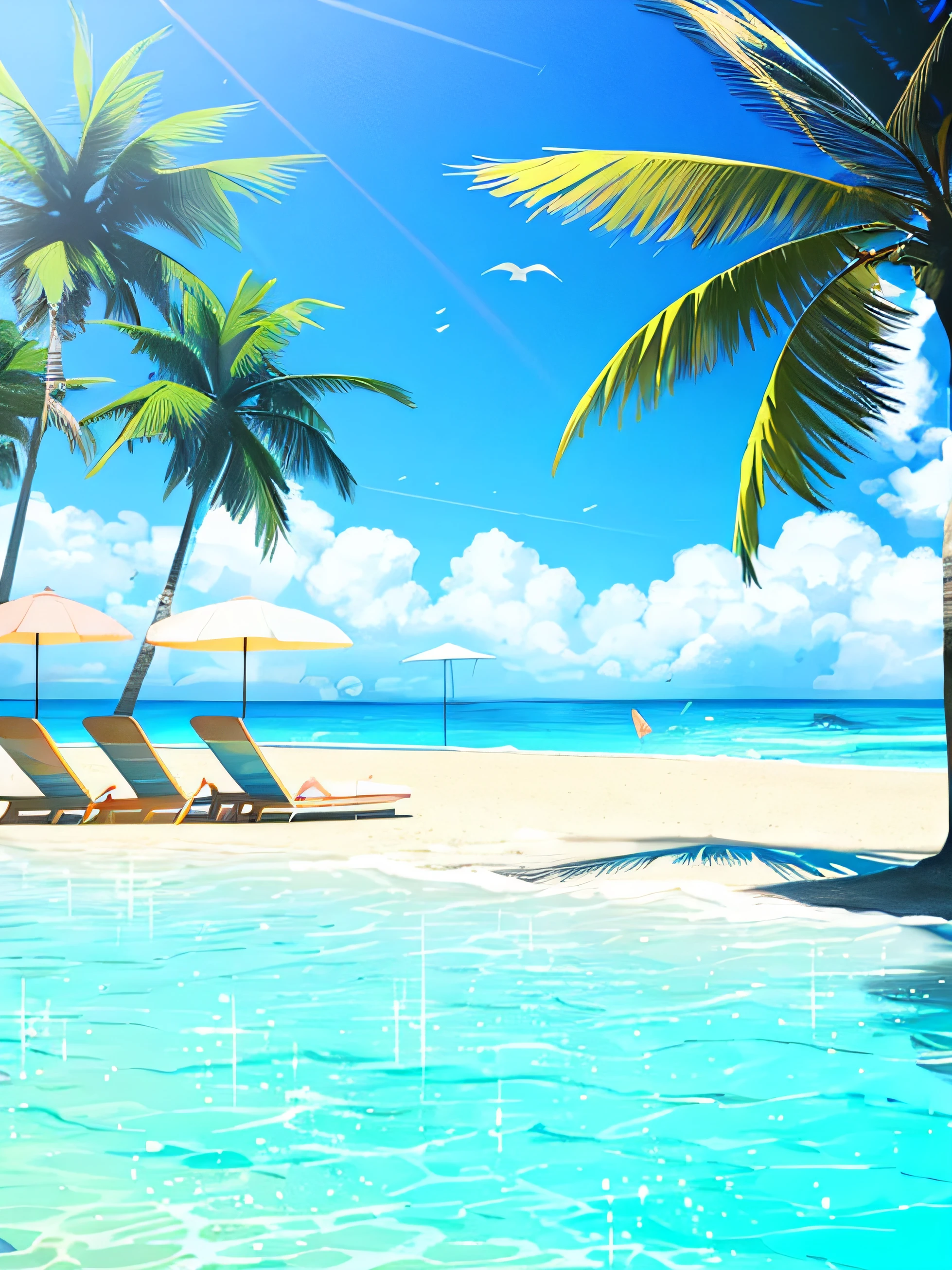 The beach has a swimming pool、Deckchairs and umbrellas。, Relaxing concept art, dreamy scenes, Summer time, dreamlike illustration, trending on cgstation, relaxing on the beach, beach aesthetic, beautiful magical palm beach, Cool background, amazing background, summer unreal engine 5, breezy background, Magical beach, background artwork, Beach background, Tropical paradise