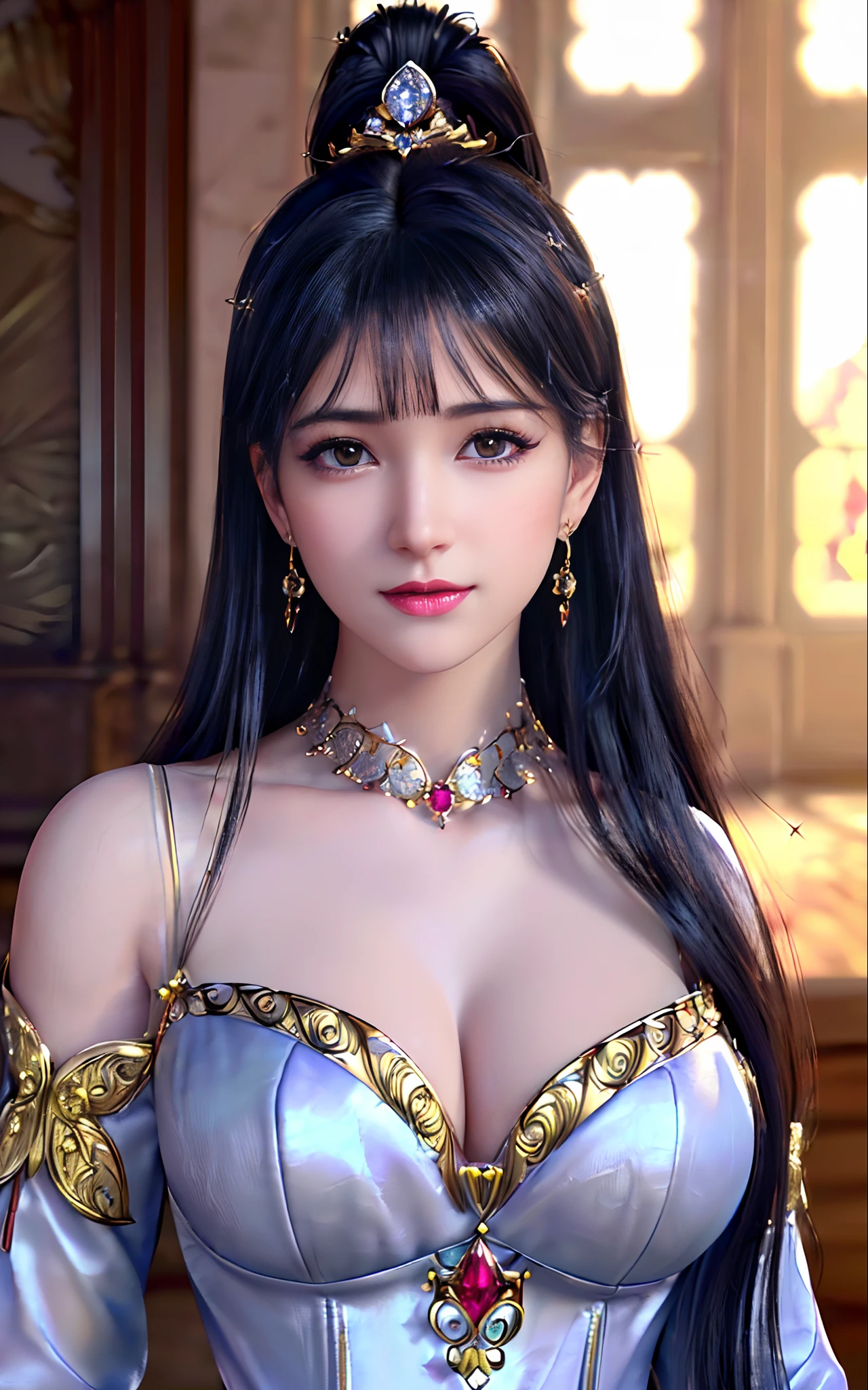 ((realisticity: 1.2)), ((best resolution: 8K UHD)), best quality,masterpiece,highres,cg,
((1 super detailed and super realistic girl)), ((very beautiful queen dazzling, super realistic, and super detailed)),((white skin, beautiful, smooth, youthful, super realistic and super detailed
)), ((super beautiful face, white, super realistic and super detailed)), long hair, ((super realistic and super detailed dress)), solo, ((super realistic, super beautiful, gorgeous and super detailed jewelry)), ((super beautiful, super realistic and super detailed dark red and golden yellow dress)),
((super beautiful, super realistic, super detailed diamond filled earrings)),
  ((super beautiful, super realistic and super detailed diamond filled hair ornament)), ((super beautiful upper body, super beautiful, super realistic and super detailed)), ((big breasts: 2.5)), 
((super grand, super realistic and super detailed royal palace backgroun))
((super beautiful, super beautiful, super realistic and super detailed hair bun)), ((super beautiful, super realistic and super detailed blue hair)),
candid, Photograph, high resolution, 8k,Bokeh,