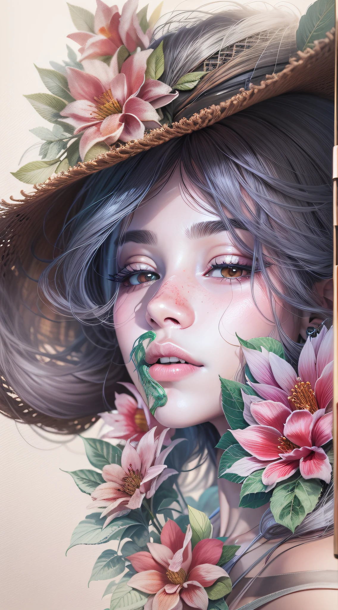 [Em uma folha de caderno de desenho com linhas azuis, A beautiful and intriguing woman looks at the viewer with a faint smile on her lips. Ela tem cabelos longos e escuros, que caem sobre os seus ombros. She wears a black hat adorned with red flowers, yellow and purple on the head. The hat contrasts with the white background of the leaf. The image is a true work of art of pencil painting, inspirada no estilo realista e detalhado de Diego Koi, um famoso artista italiano.]