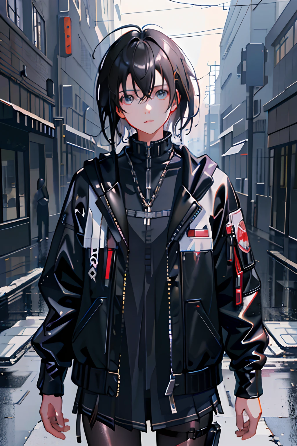 (1 girl，Jacket，Outdoors on rainy days，Open jacket，Chain details，backpacks，Look at others，messy  hair，HD 8K resolution，Ultra-high detail restoration，Anatomically accurate，Clear images，digitial painting，concept-art，Estilo de Makoto Shinkai)