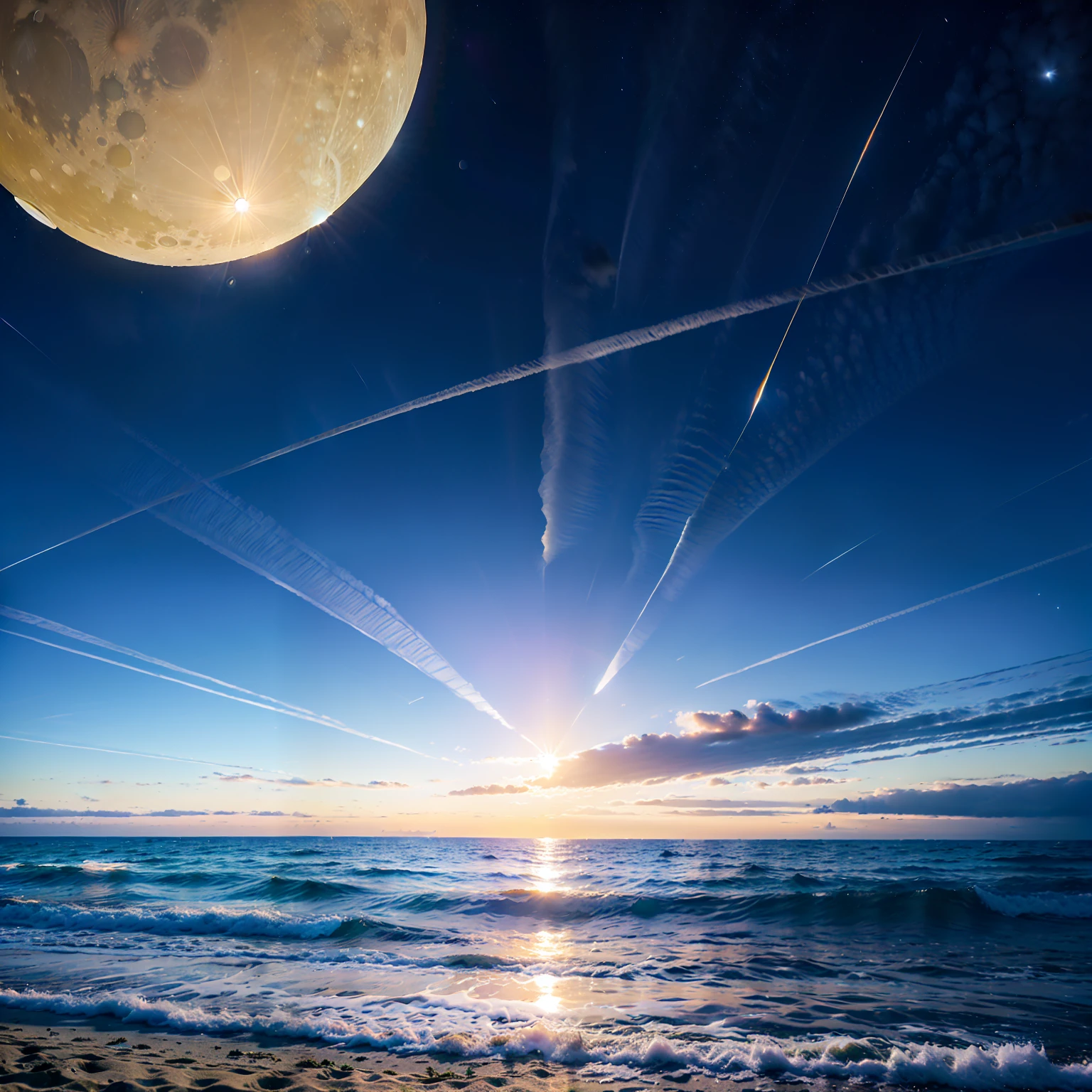 Beach, night, Sun and fill moon on same one sky, 1080p resolution, half sky night,(half sky sun light),moon and Sun colliding,