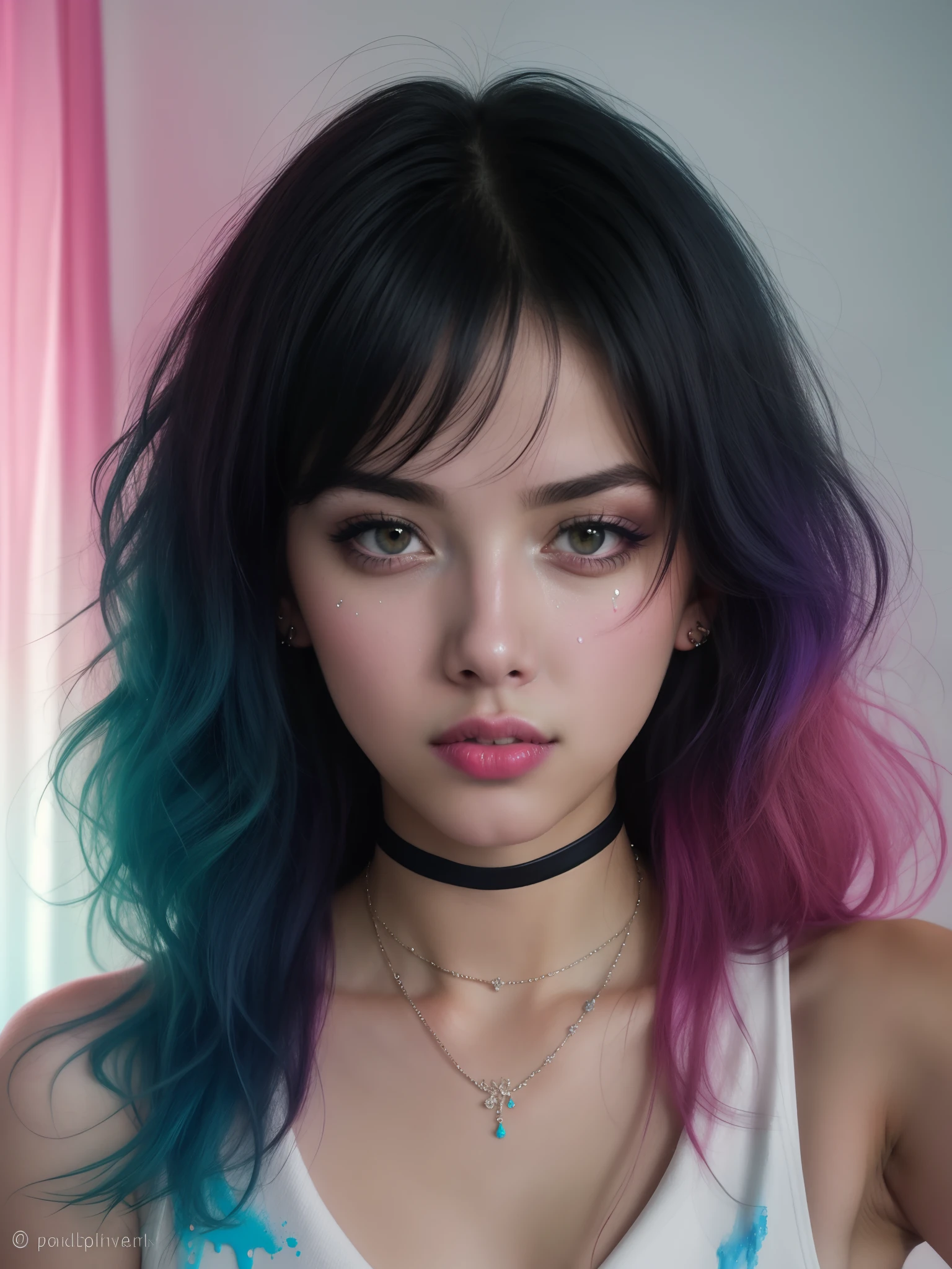 1girl, isometric, shukezouma, octane render, hdr, (hyperdetailed:1.15), (soft light, sharp:1.2), aesthetic, (Argentinian |Cuban |Colombian |Mexican) 20 years old woman, (detailed facial features), gorgeous face, grunge style, standing in her messy bedroom, pale skin, wearing eyeliner, grainy, pastel goth, scene hair, (emo girl), teased hair, wearing bracelets, wearing choker necklace, ((detailed face)), selfie, rainbow painting drops, paint teardrops, girl made up from paint, entirely paint, splat, splash, paint bulb, paint drops, broad light, backlighting, bloom, light sparkles, chromatic aberration, (bubblegum Vaporwave aesthetic)