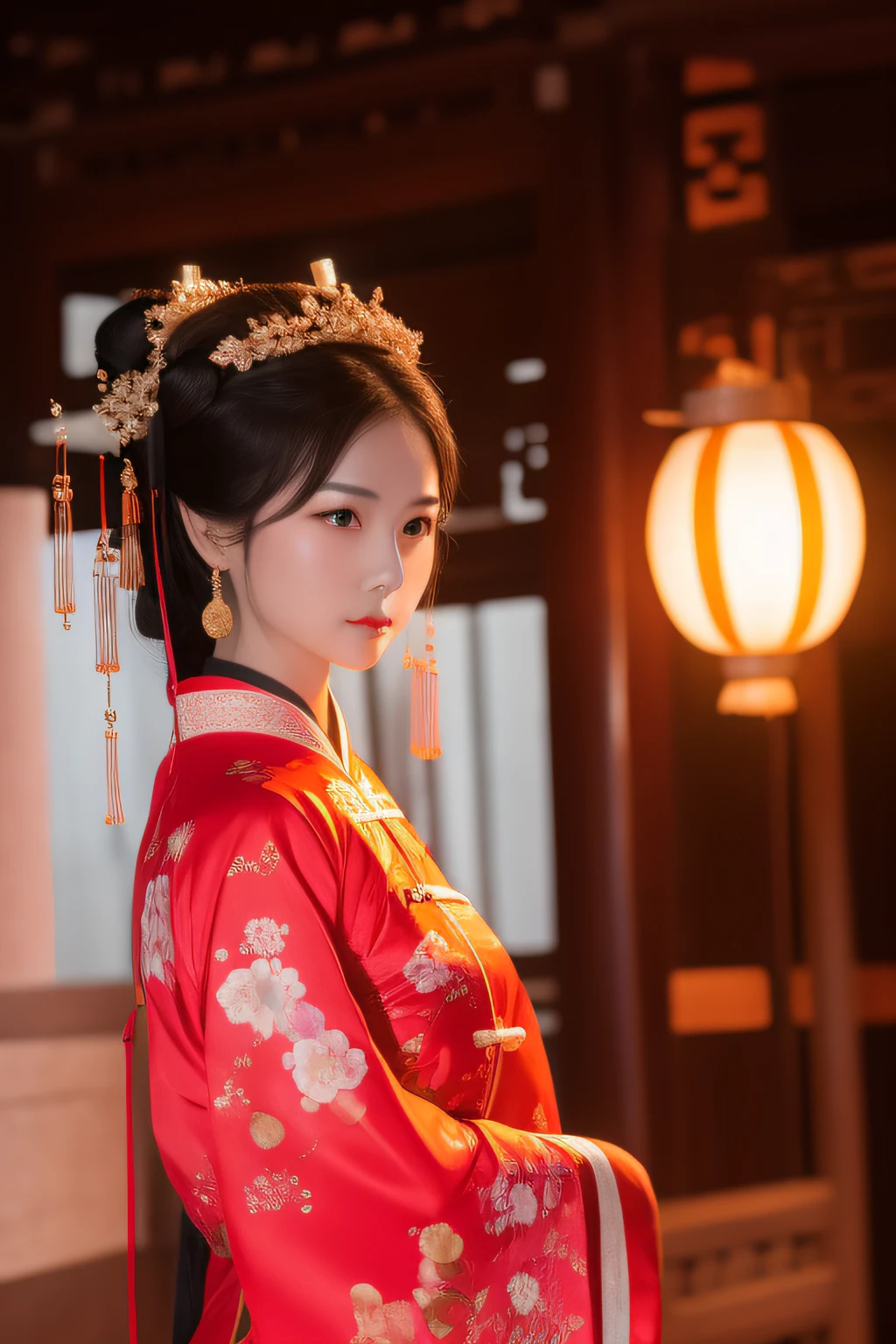 the night，A woman in Chinese clothing carries a lantern