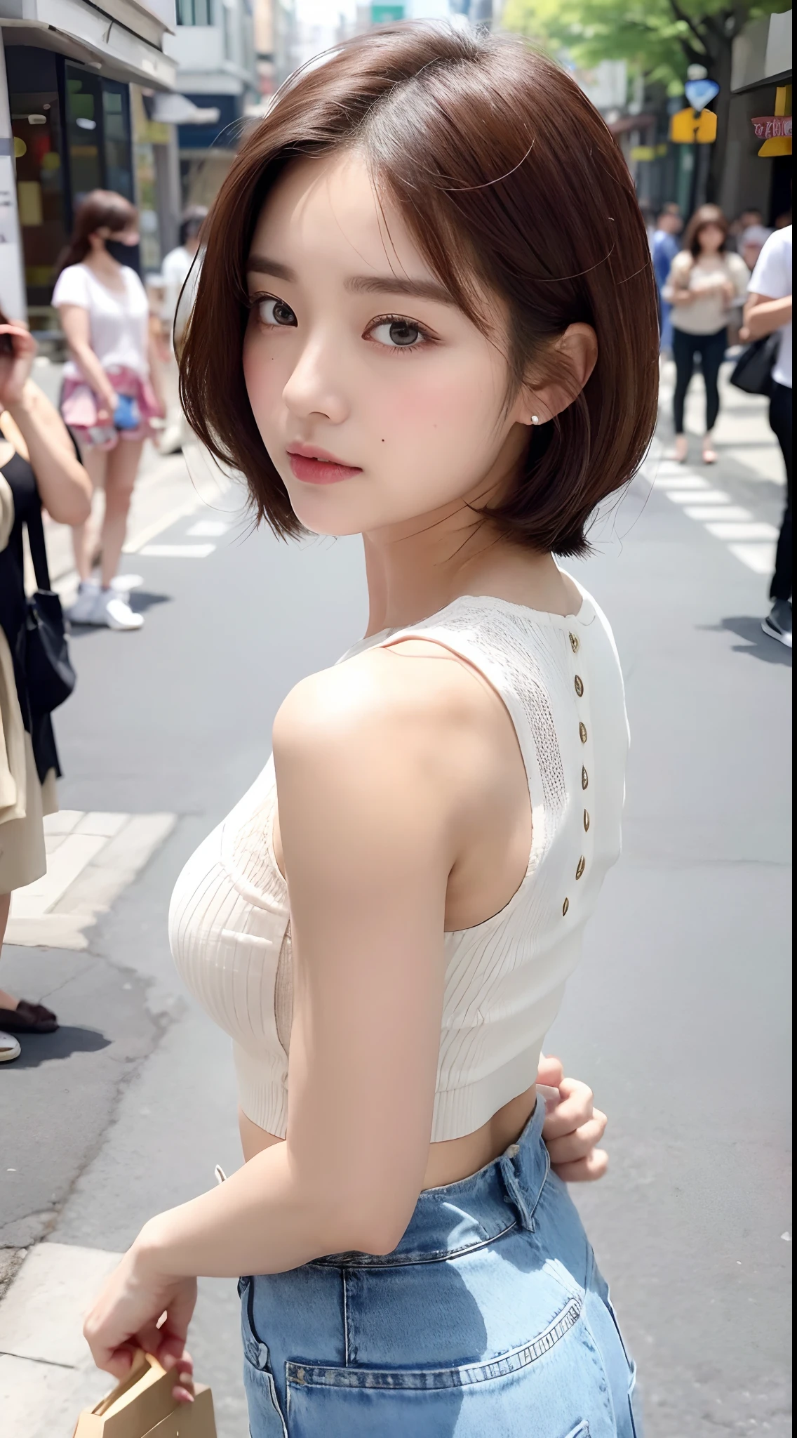 （（best qualtiy，8K，tmasterpiece：1.3）），（Flower Cap：1.3），Perfect beauty：1.4，glute：1.2，（Layered Hair Style：1.2）），（the street：1.3），Highly Detailed Face and Skin Textur，full bodyesbian，Elaborate Eyes，二重まぶた，Whitens the skin，Short wave hair，Cute Korean beauty（with a round face：1.5），（Loose top，shorter pants：1.6）