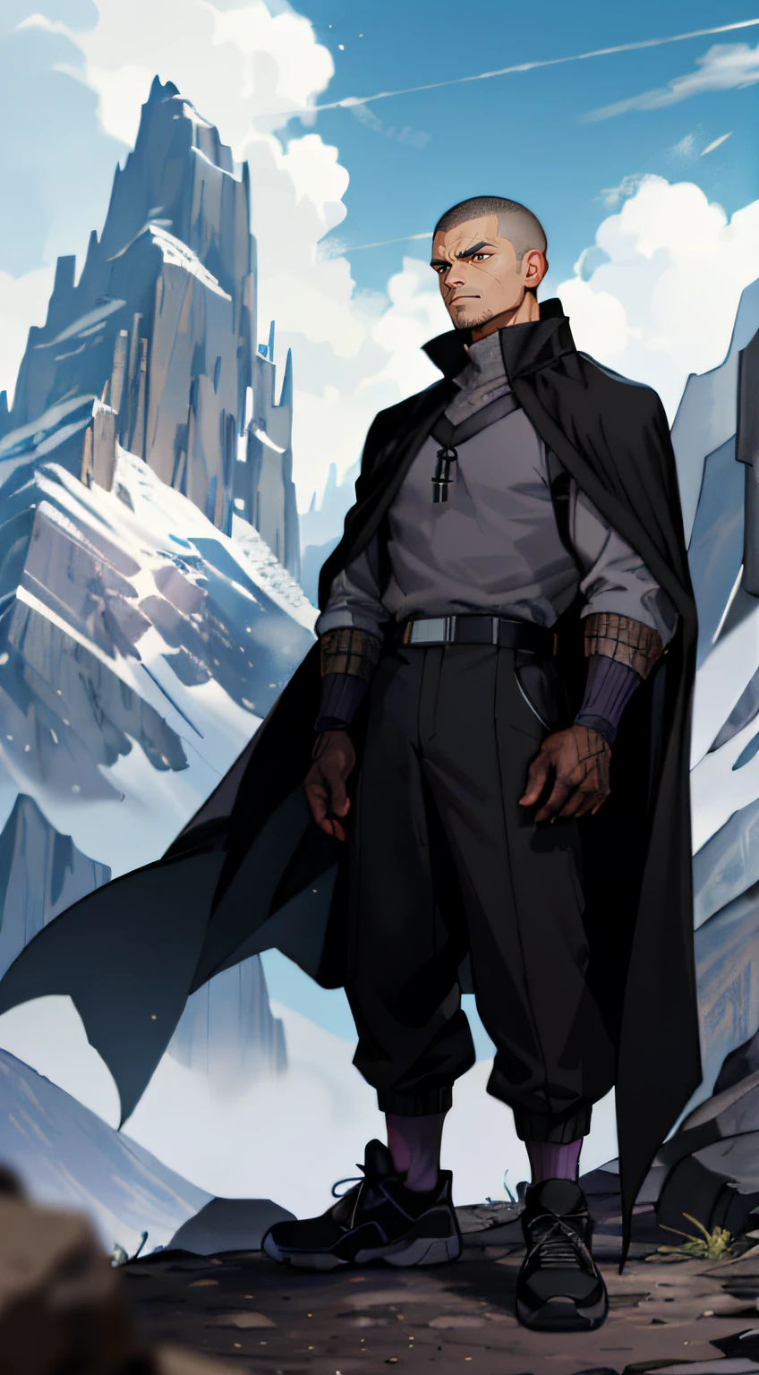 A young male，Strong，Thief costume，brown buzzcut_cut，With gray eyes，grey shirt，Black pantsuit，（Short black socks：1.8），Purple sneakers，a black cloak，Lots of mountains，medieval clothing