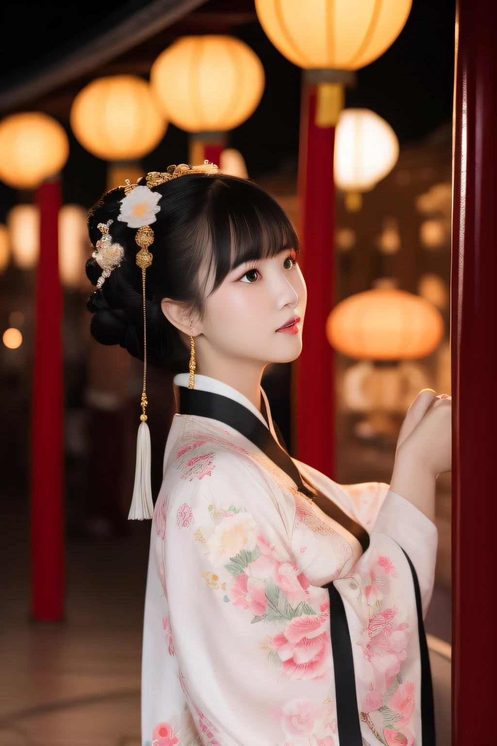 the night,A woman in Chinese clothing carries a lantern