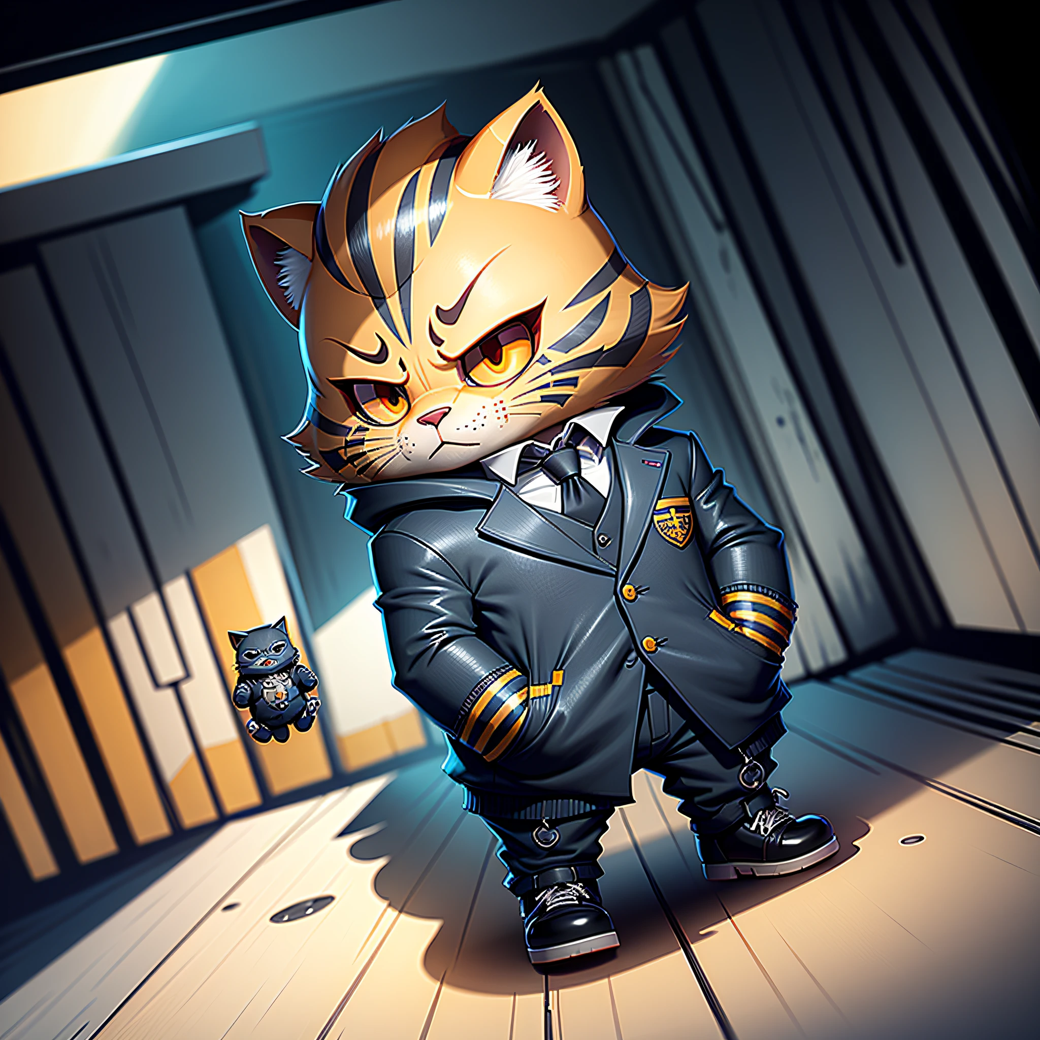 c4tt4stic, tigre,full bodyesbian:1.2,dressed in a suit,in blouse wearing,Wear black leather shoes,Put your hands in your pockets,{super detailing,超高分辨率,realisticlying,Super quality,复杂},