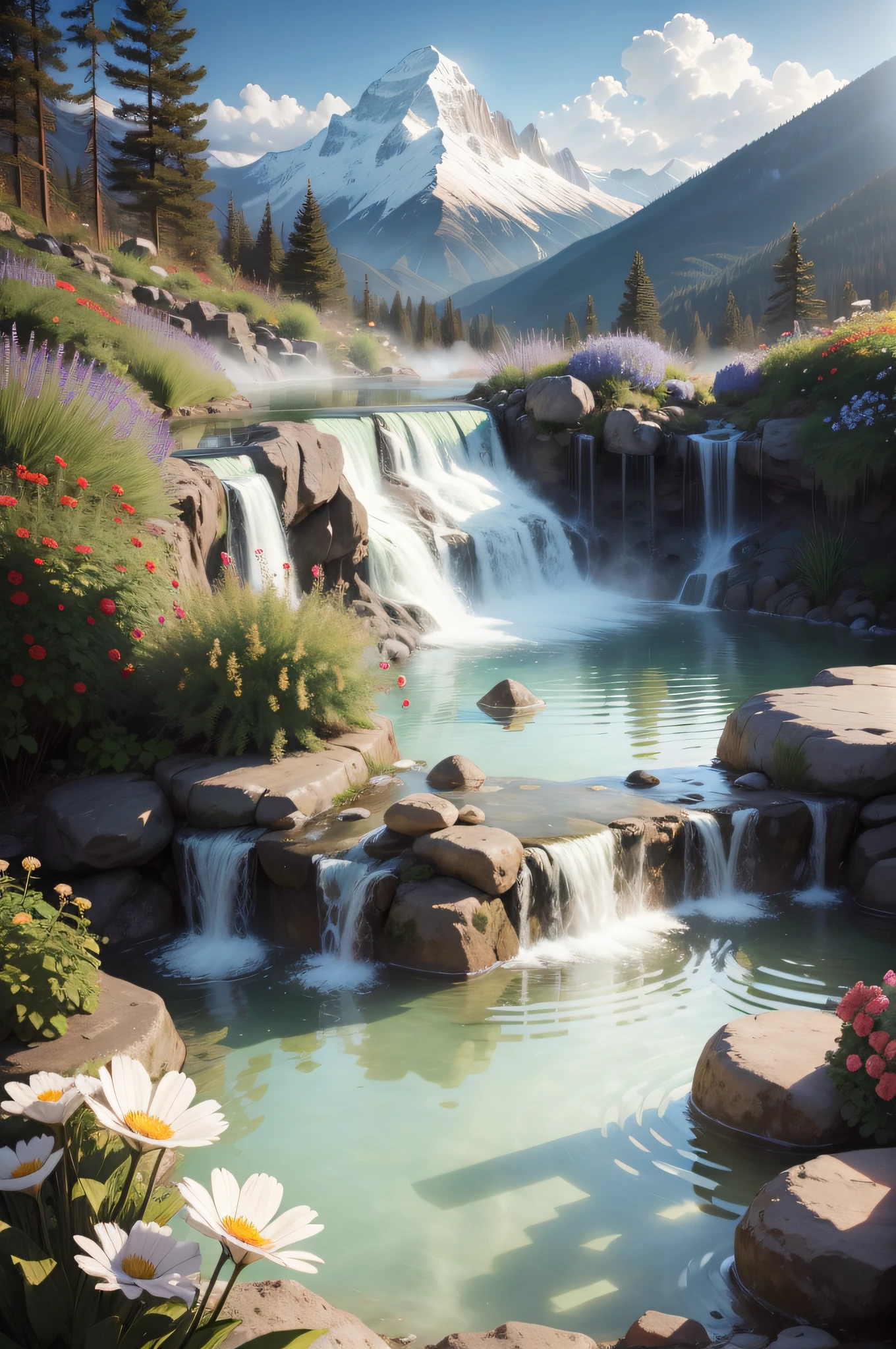 Hot springs, flowers, steamy, mountain views, exotic, see through, clear, beautiful, realistic photo