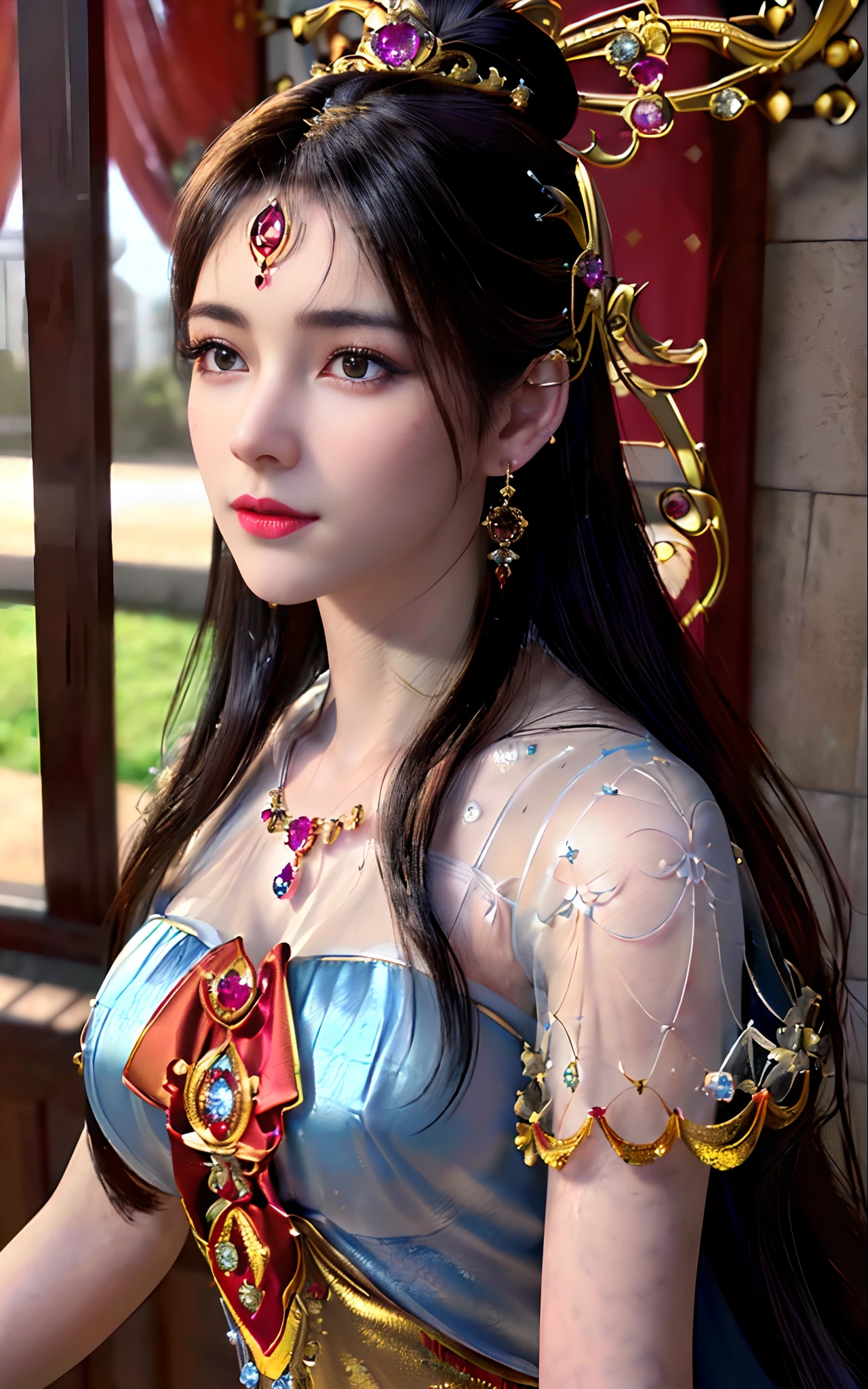 ((realisticity: 1.2)), ((best resolution: 8K UHD)), best quality,masterpiece,highres,cg,
((1 super detailed and super realistic girl)), ((very beautiful queen dazzling, super realistic, and super detailed)),((white skin, beautiful, smooth, youthful, super realistic and super detailed
)), ((super beautiful face, white, super realistic and super detailed)), long hair, ((super realistic and super detailed dress)), solo, ((super realistic, super beautiful, gorgeous and super detailed jewelry)), ((super beautiful, super realistic and super detailed dark red and golden yellow dress)),
((super beautiful, super realistic, super detailed diamond filled earrings)),
  ((super beautiful, super realistic and super detailed diamond filled hair ornament)), ((super beautiful upper body, super beautiful, super realistic and super detailed)), ((big breasts: 2.5)), 
((super grand, super realistic and super detailed royal palace backgroun))
((super beautiful, super beautiful, super realistic and super detailed hair bun)), ((super beautiful, super realistic and super detailed blue hair)),
candid, Photograph, high resolution, 8k,Bokeh,