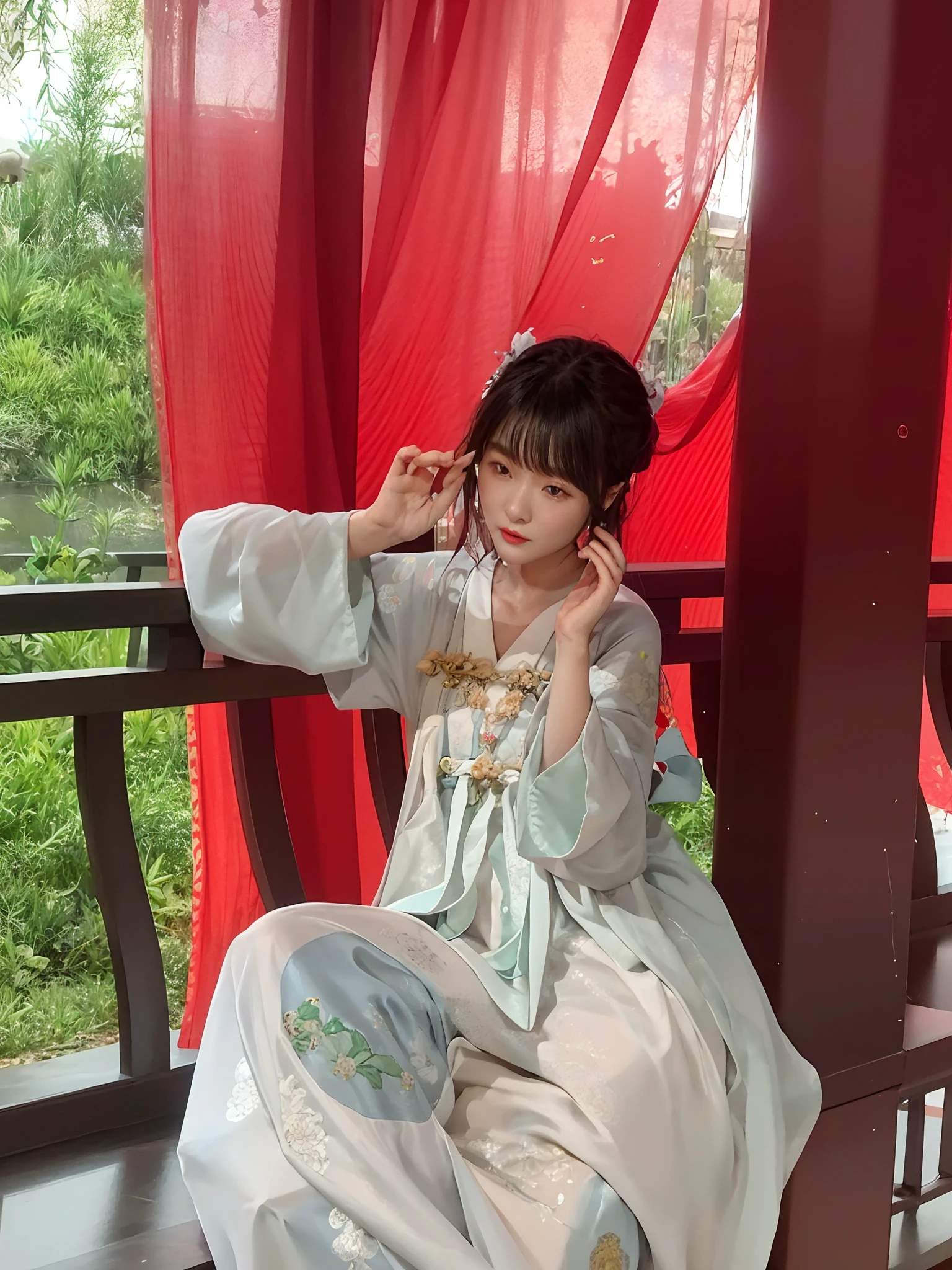 there is a woman sitting on a bench with a fan, White Hanfu, Palace ， A girl in Hanfu, Hanfu, Wearing ancient Chinese clothes, with acient chinese clothes, Traditional Chinese clothing, Chinese traditional, Chinese costume, 8K)), Chinese style, traditional garb, Chinese dress, Middle metaverse, Traditional beauty, Tang dynasty