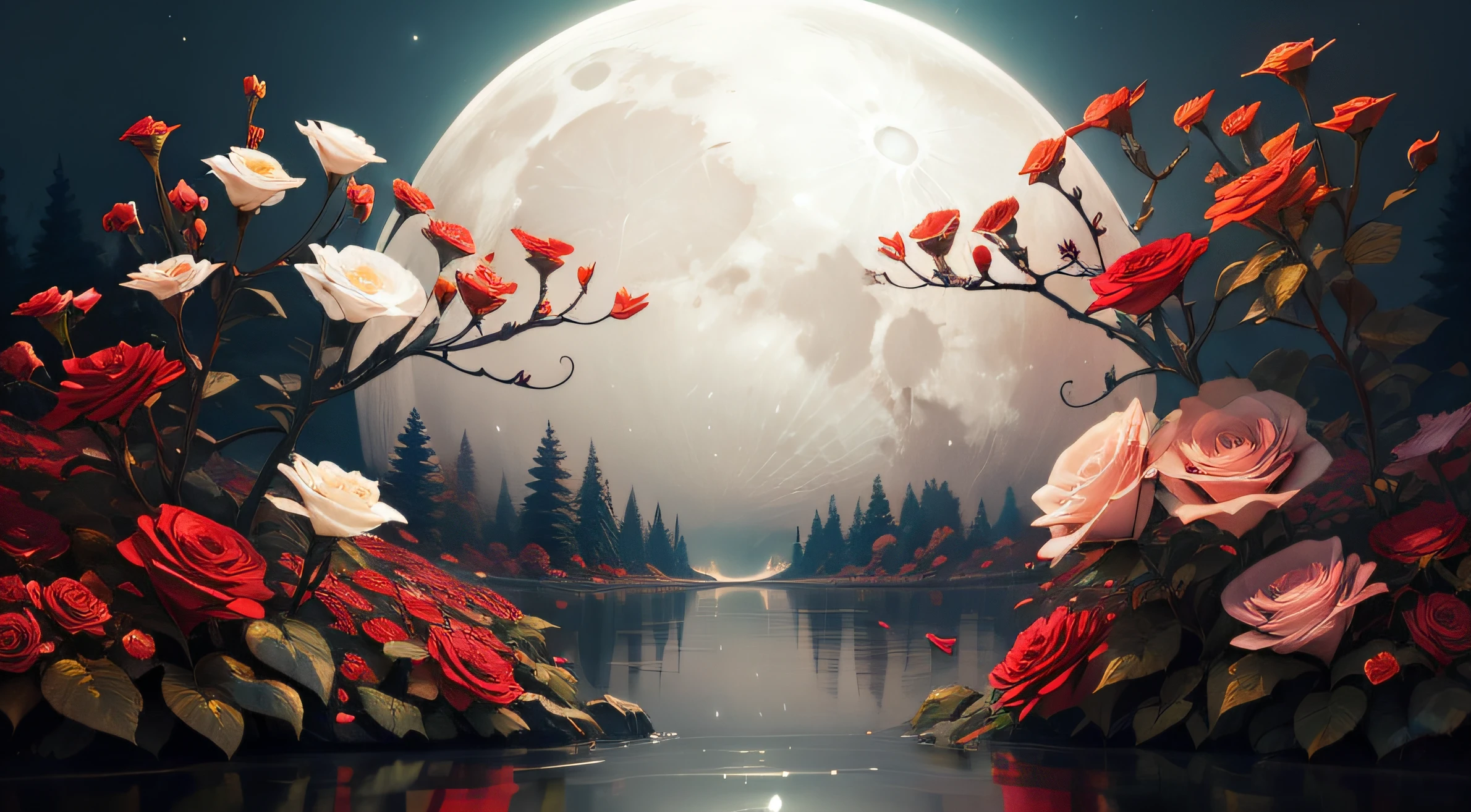 red colour，petals，themoon，lamplight，waterface，Texture，Rose flower
