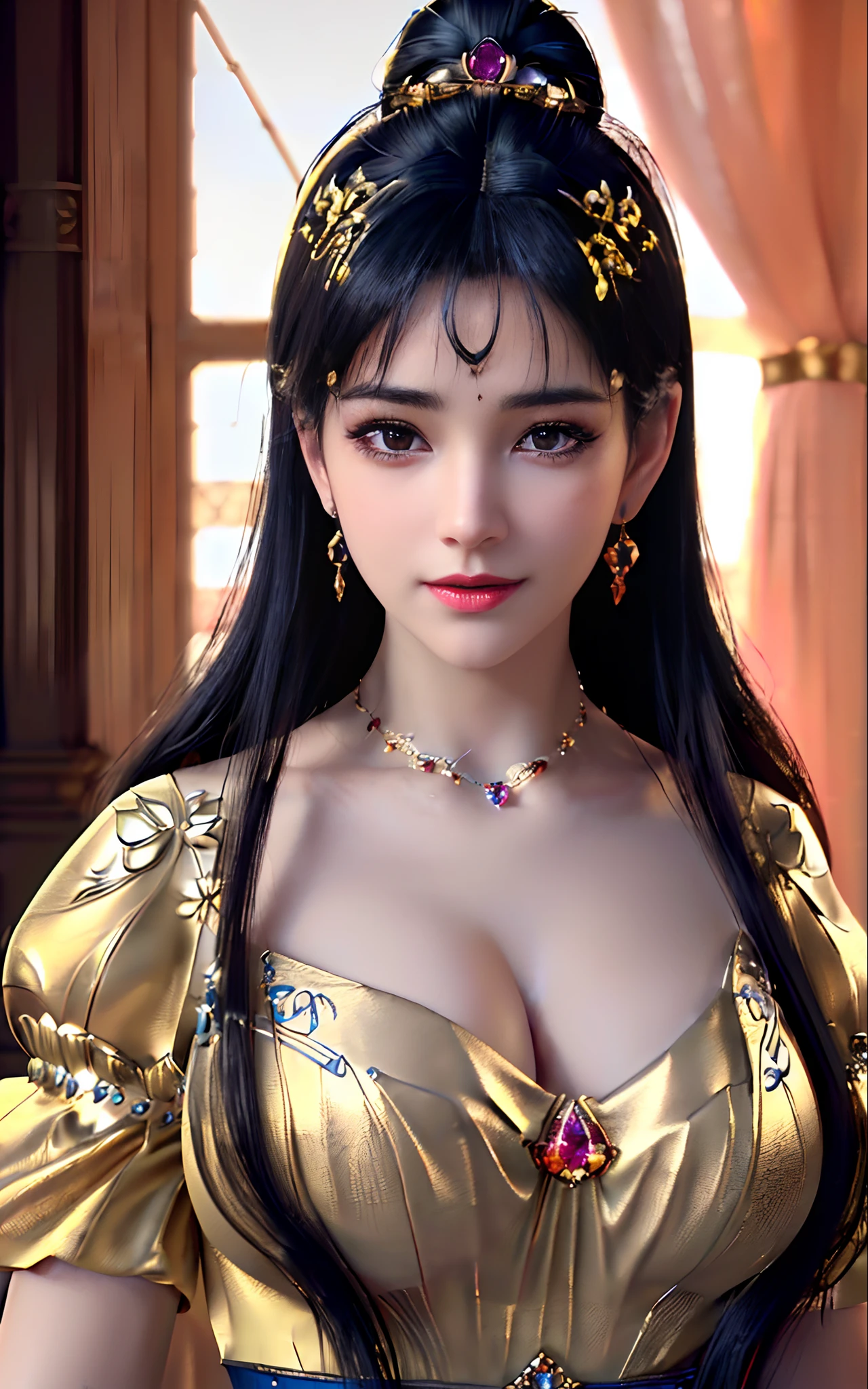 ((realisticity: 1.2)), ((best resolution: 8K UHD)), best quality,masterpiece,highres,cg,
((1 super detailed and super realistic girl)), ((very beautiful queen dazzling, super realistic, and super detailed)),((white skin, beautiful, smooth, youthful, super realistic and super detailed
)), ((super beautiful face, white, super realistic and super detailed)), long hair, ((super realistic and super detailed dress)), solo, ((super realistic, super beautiful, gorgeous and super detailed jewelry)), ((super beautiful, super realistic and super detailed dark red and golden yellow dress)),
((super beautiful, super realistic, super detailed diamond filled earrings)),
  ((super beautiful, super realistic and super detailed diamond filled hair ornament)), ((super beautiful upper body, super beautiful, super realistic and super detailed)), ((big breasts: 2.5)), 
((super grand, super realistic and super detailed royal palace backgroun))
((super beautiful, super beautiful, super realistic and super detailed hair bun)), ((super beautiful, super realistic and super detailed blue hair)),
candid, Photograph, high resolution, 8k,Bokeh,