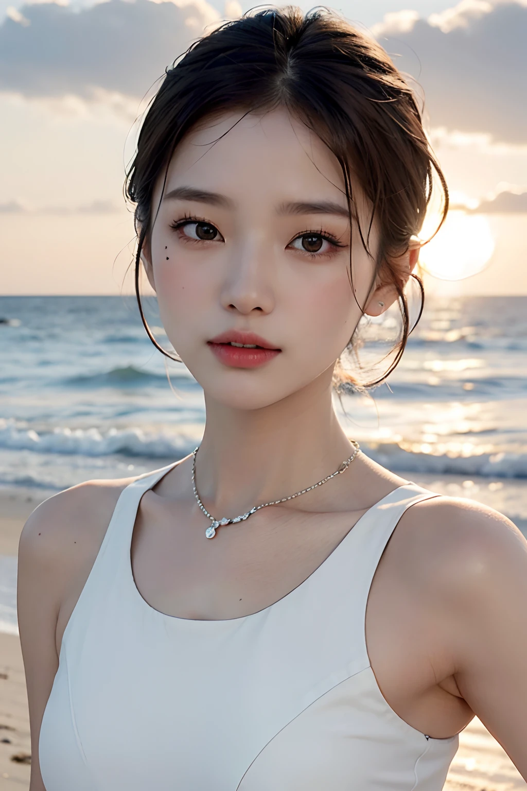 hightquality、masterpiece、超A high resolution、((Asian beauty face))、Beautiful adult woman、a closeup、Thin makeup、ssmile、Light brown short-cut hair、Small necklace、White sleeveless shirt、Cloudy seaside、Rough seas、cloudiness、strong breeze、black clouds、