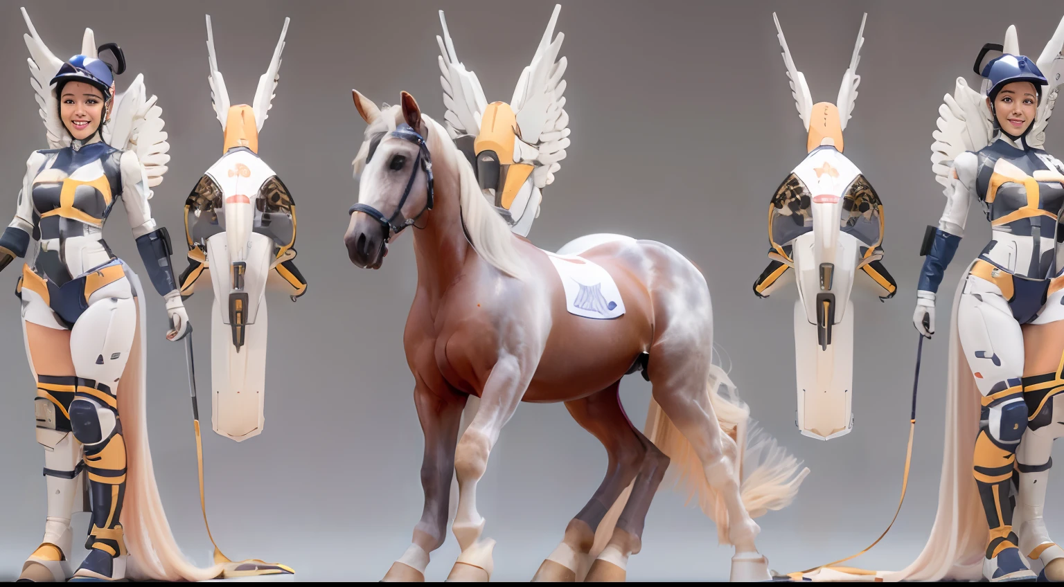 A female centaur,She is famous in the multiverse,She is both a female centaur, half human, half horse, half horse,It is also a female Yingzhao。She blends both images,The first is the head of a horse/neck/Shoulder these parts,After feminization,The upper body transforms into a beautiful female human,Female, half-centaur, half-human, half-horse, half-human,The second is the waist of the horse/hason/gluteal/Legs feminine,Female half-horse with beautiful woman's,Chimer,It's like a female human wearing a half-horse-like costume and making a seamless chimera,This chimerization is based on powerful futuristic technology。The ultra-wide-angle lens captures the image of her beautiful and ethereal wings on the ionosphere launching a super-high-speed charge and leaping。Her front half is distinctly feminine,Tall sexy body,Has K cup teardrop-shaped giant tit chest,It has a small man's waist butterfly spanning long legs,The half-horse part of the hind body,Embedded interface at the hip position。Her horse-shaped part has female physiology and ergonomics on both the half-horse torso and hips and legs。The chest cavity of a woman in the shape of a bent dog style embedded in the lower back position of the beautiful woman's body starting from the upper part of the sternum/lower back/Ventral transverse。Then there are the sexy beauty's upright hips,Her entire body has been completely feminized,Including the half-horse part。Mechanized armor covers the legs with knee-shaped anti-joints and feet,And these parts are highly anthropomorphic,This makes her legs graceful and slender,Her four horse legs exploded in length proportions and was slender and toned,Under the legs are skinny white feet dressed in Skyscraper Heels,Use Midjourney's advanced stroke tools and color palettes, as well as texture packs, model packs, and texture tools,Concentration,Include all parts of her original horse physiology including fur/Waist and abdomen/Hip legs/Leg Capital Feminization,And give these parts a correspon