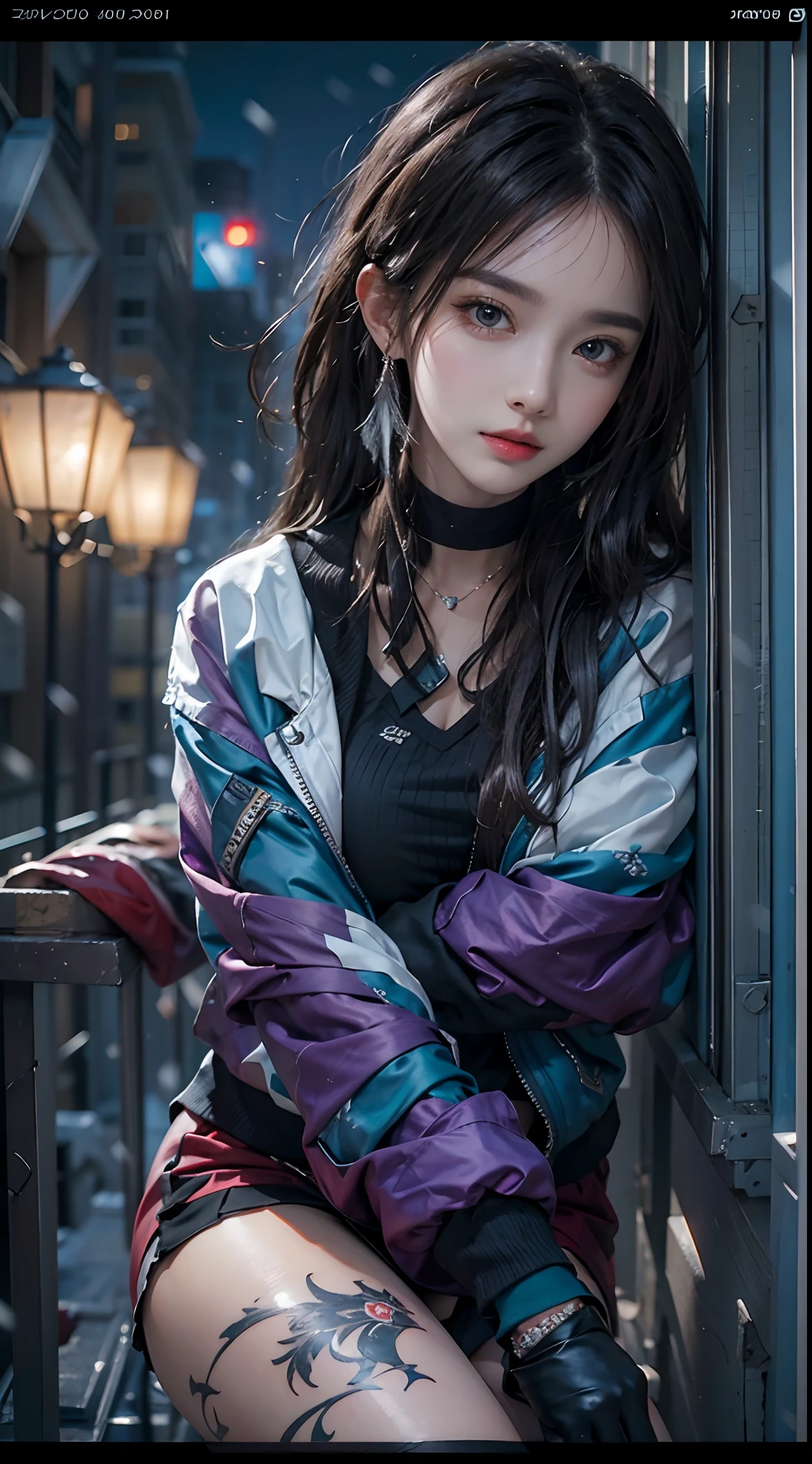 photorealistic, high resolution, 1women, solo, sitting at balcony, look at viewer, (detailed face), colorful street wear, jacket, skirt, thighhighs, tattoo, jewelry, snowy night