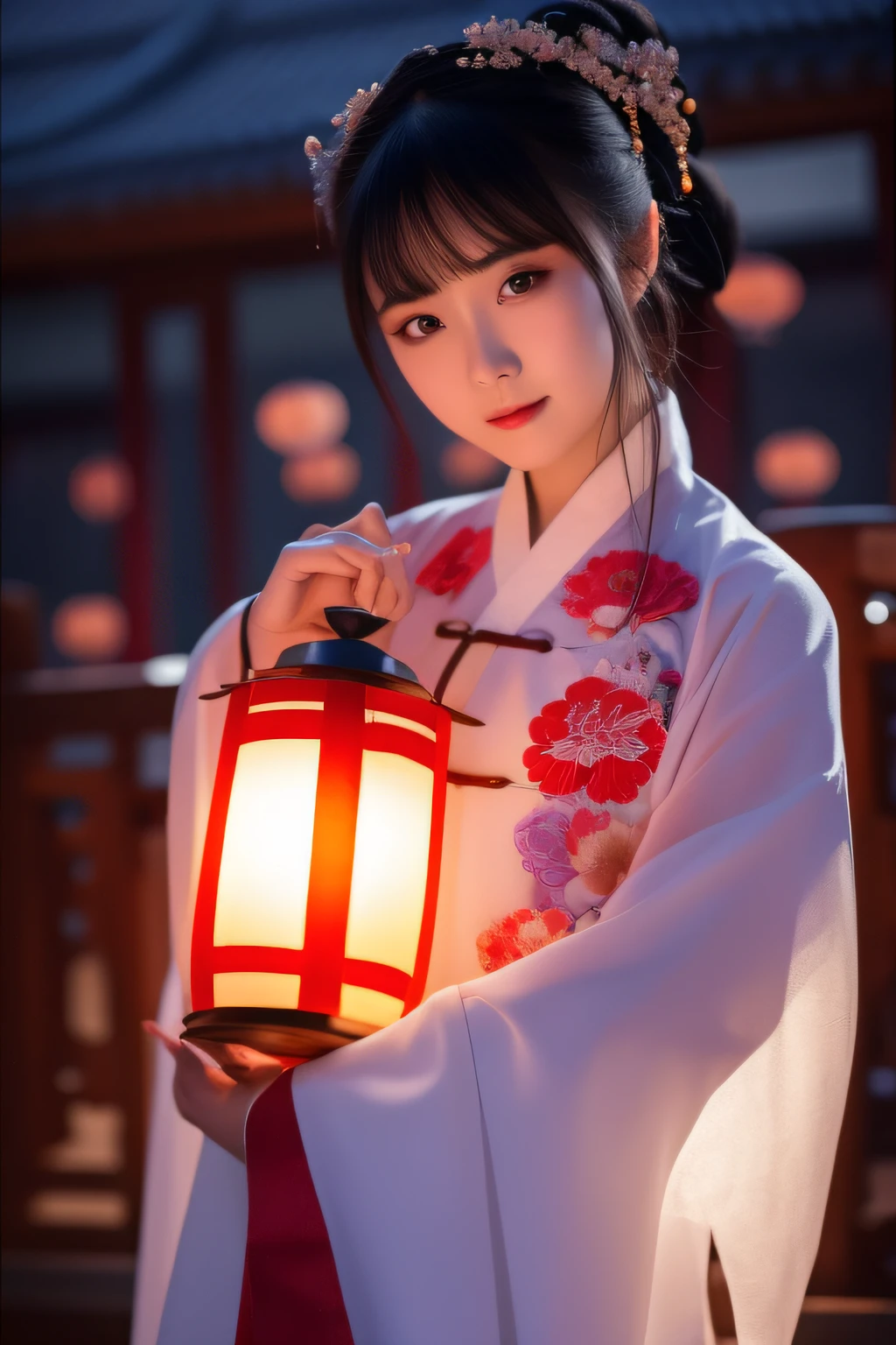 the night，A woman in Chinese clothing carries a lantern