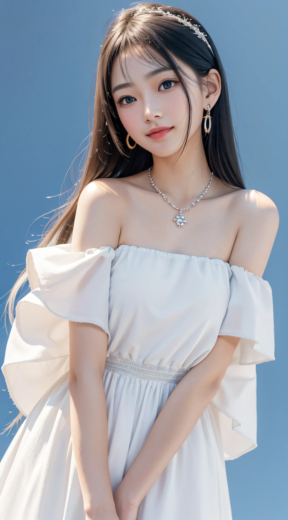 4K、 masterpiece, top-quality, 8K, absurderes, beautiful a girl, Clean face, looking at the viewers, A smile, (dresses of whitish color,:1.7), Ruby Earrings, ruby necklace, , cute little, (Glitter and smoky red eyeshadow and glitter, glazed pinkish red lips:0.8), A hyper-realistic, hight resolution, a picture, film grains, chromatic abberation, foco nítido, nffsw, face lights, Dynamic lighting, 电影灯光, Professional Shadows, simple background, (Dull blue background:1.3)、highestdetailed、Extreme details、ultra-detailliert、detaile、authentic skin、delicated facial features、detailed faces and eyes、Sharp pupils、Realistic pupils、(Black eye:1.0),full body Esbian、waistline、Slim type、