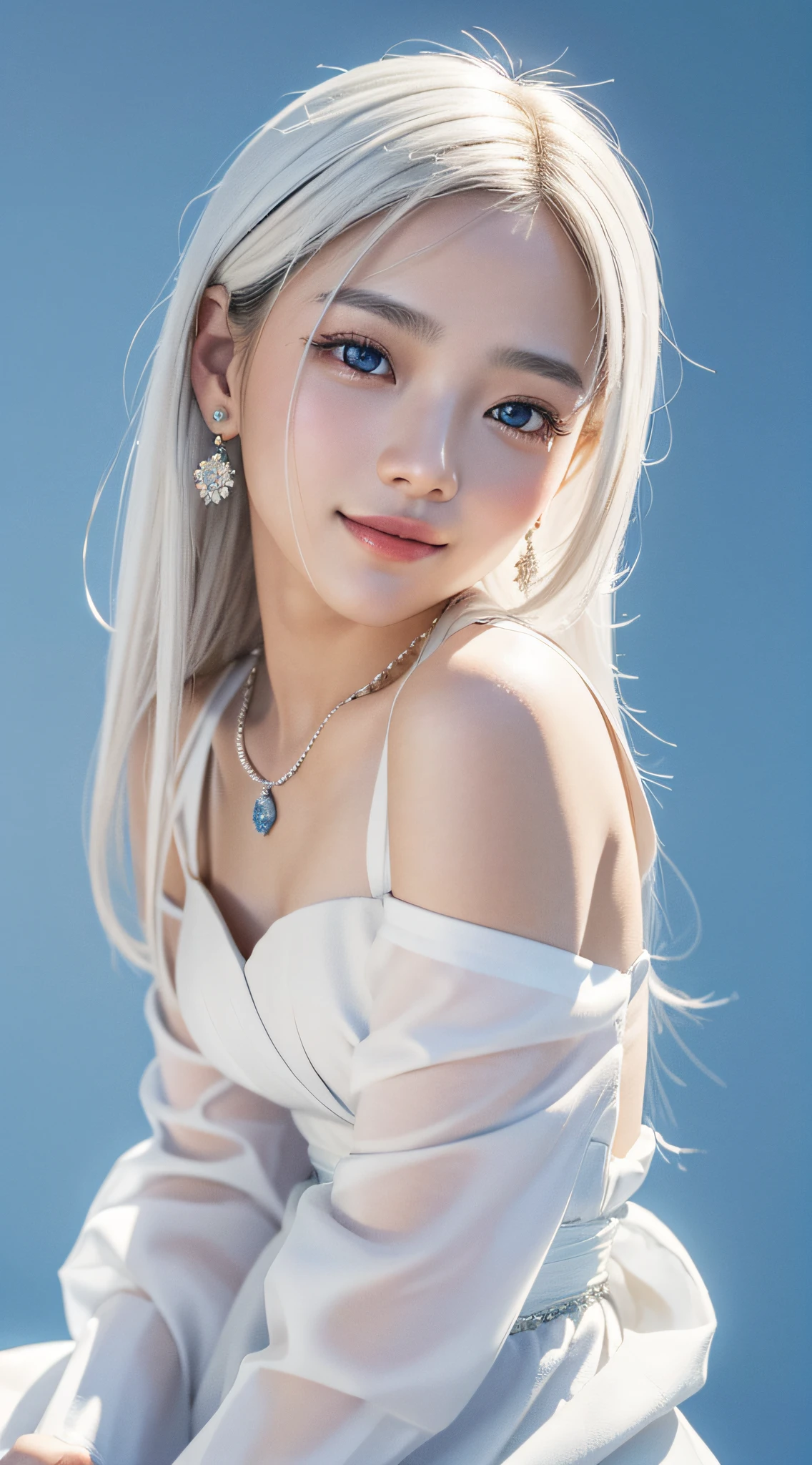 4K、 masterpiece, top-quality, 8K, absurderes, beautiful a girl, Clean face, looking at the viewers, A smile, (dresses of whitish color,:1.7), Ruby Earrings, ruby necklace, Teen, cute little, (Glitter and smoky red eyeshadow and glitter, glazed pinkish red lips:0.8), A hyper-realistic, hight resolution, a picture, film grains, chromatic abberation, foco nítido, nffsw, face lights, Dynamic lighting, 电影灯光, Professional Shadows, simple background, (Dull blue background:1.3)、highestdetailed、Extreme details、ultra-detailliert、detaile、authentic skin、delicated facial features、detailed faces and eyes、Sharp pupils、Realistic pupils、(Black eye:1.0),full body Esbian、waistline、Slim type、