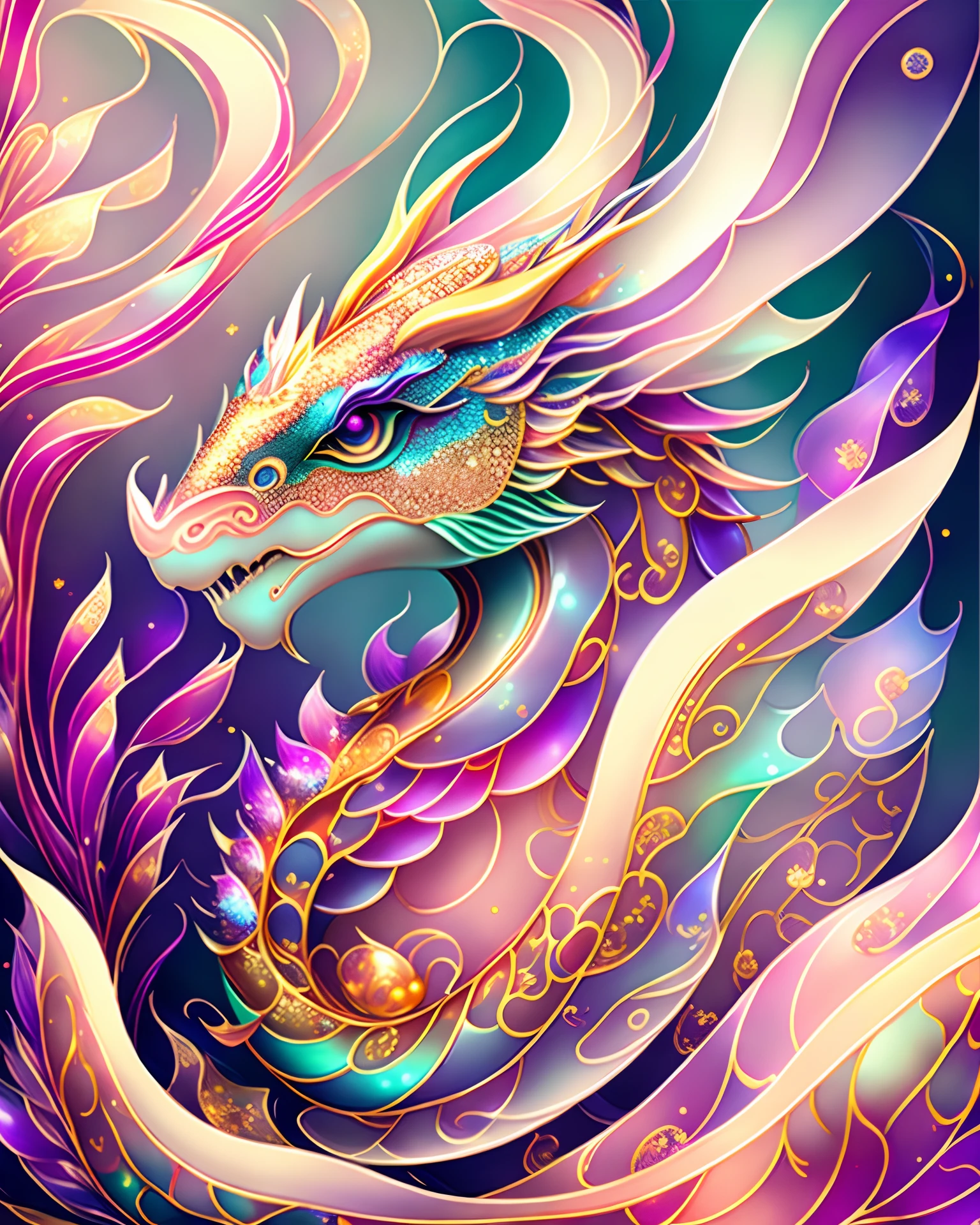 glitters、chinesedragon、Textured、iintricate、opulent、shadowing、Light pastel colors、highly details、Decorative style、author:Tim Burton、By Dale Chihuly、author:Hsiao-Ron Cheng、author:Cyril Rolando、By h. r. Giger。