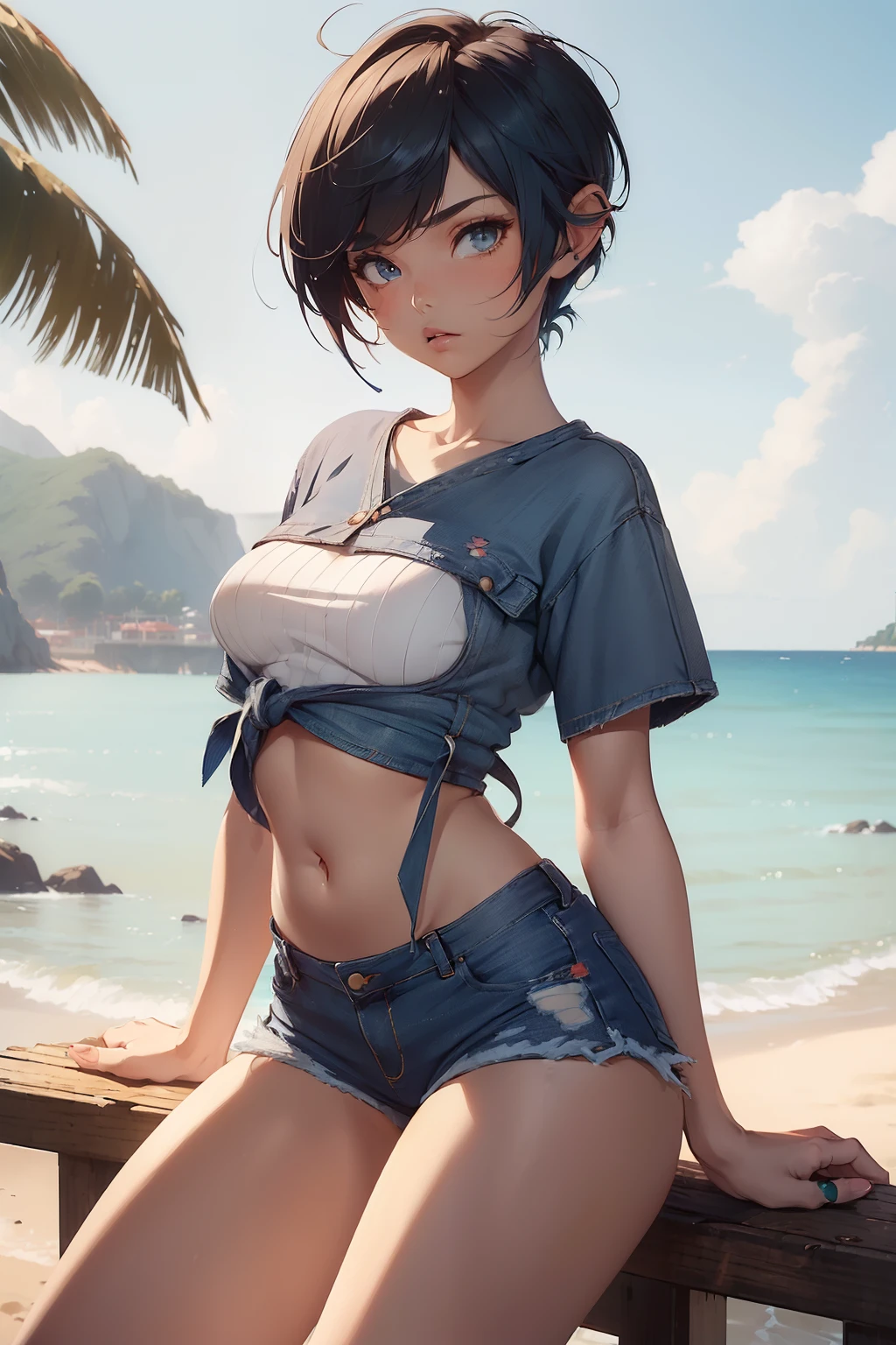 (masterpiece, best quality), photorealistic, cinematic, anime girl, (high-waisted denim shorts with a tied-up graphic t-shirt and platform sneakers:1.2), ((seaside background:1.4)), 1 girl, blue hair, ((Textured Pixie hair cut:1.5)), ((full-body shot:1.3)), head to toe visibility, perfect anatomy, curvaceous body, alluring, long round legs, large breasts, ((navel is showing:1.5)), perfect eyes, perfect hands, lips slightly parted, red lips, anime girl is seated on the sand, extremely detailed Artgem, ig model, artgem, alena aenami and artgem, krenz cushart and artgem, artgem and atey ghailan