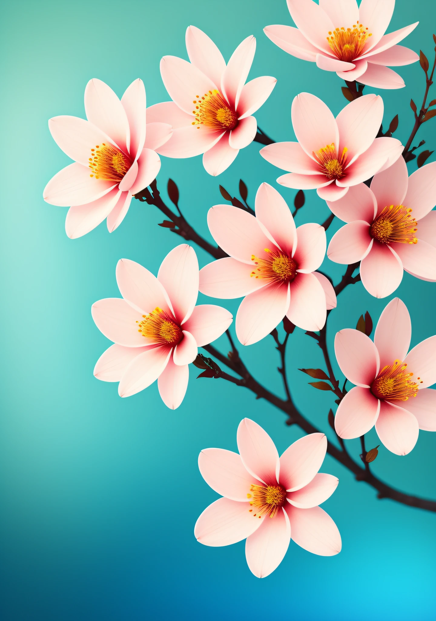 Close-up of a bouquet of flowers on a branch,paul barson,Simple background in warm colors,Light blue petals,blossoms,beautiful digital artworks,beautiful digital art,flowers and blossoms,surreal waiizi flowers,beautiful flowers,flowers in full bloom,flowers with intricate detail,Incredibly beautiful,beautiful art,beautiful composition 3 - d 4 k,gorgeous digital art,SakuraNS
