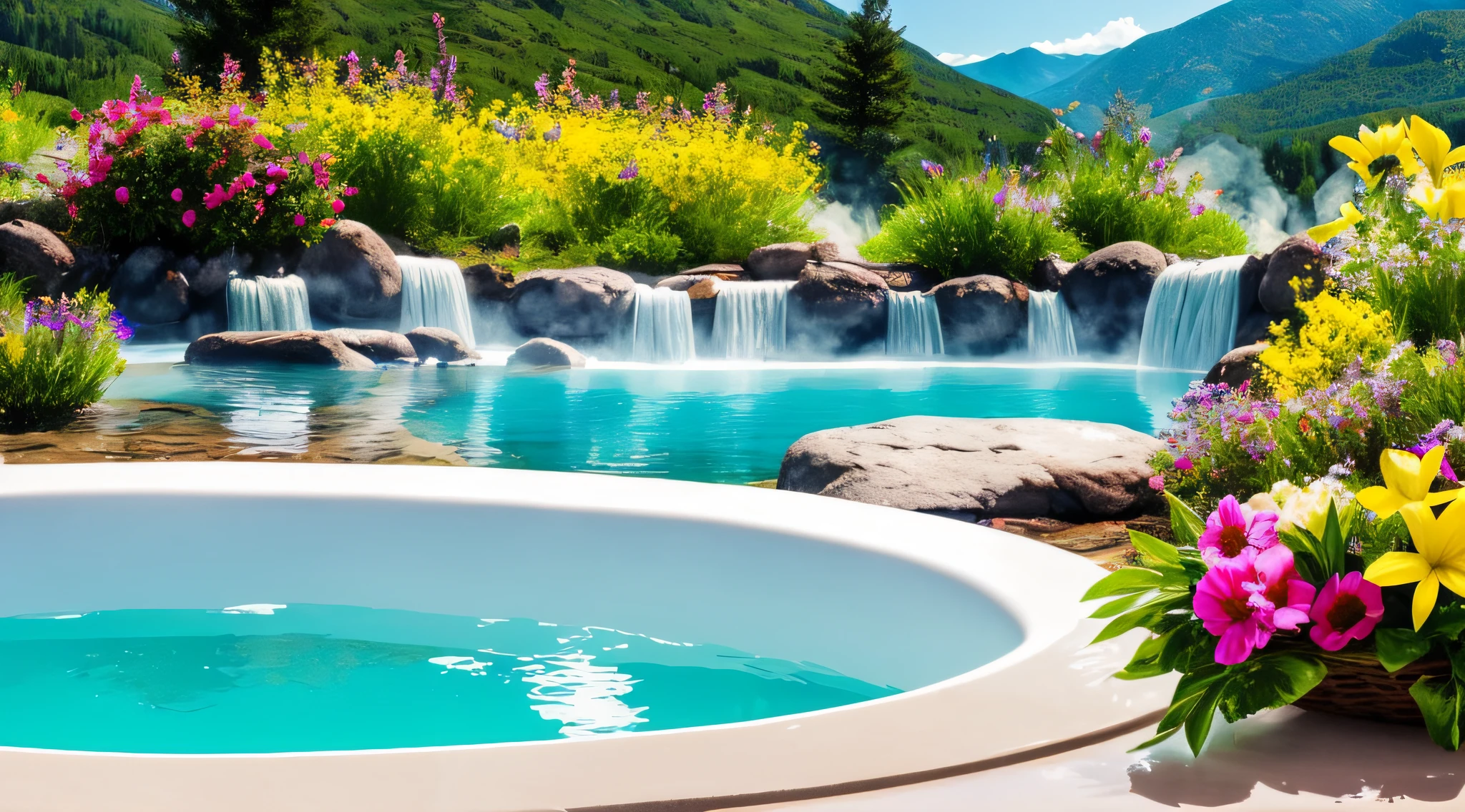 Hot springs bubble bath, flowers, mountain views, exotic, see through, clear, beautiful, realistic photo --auto