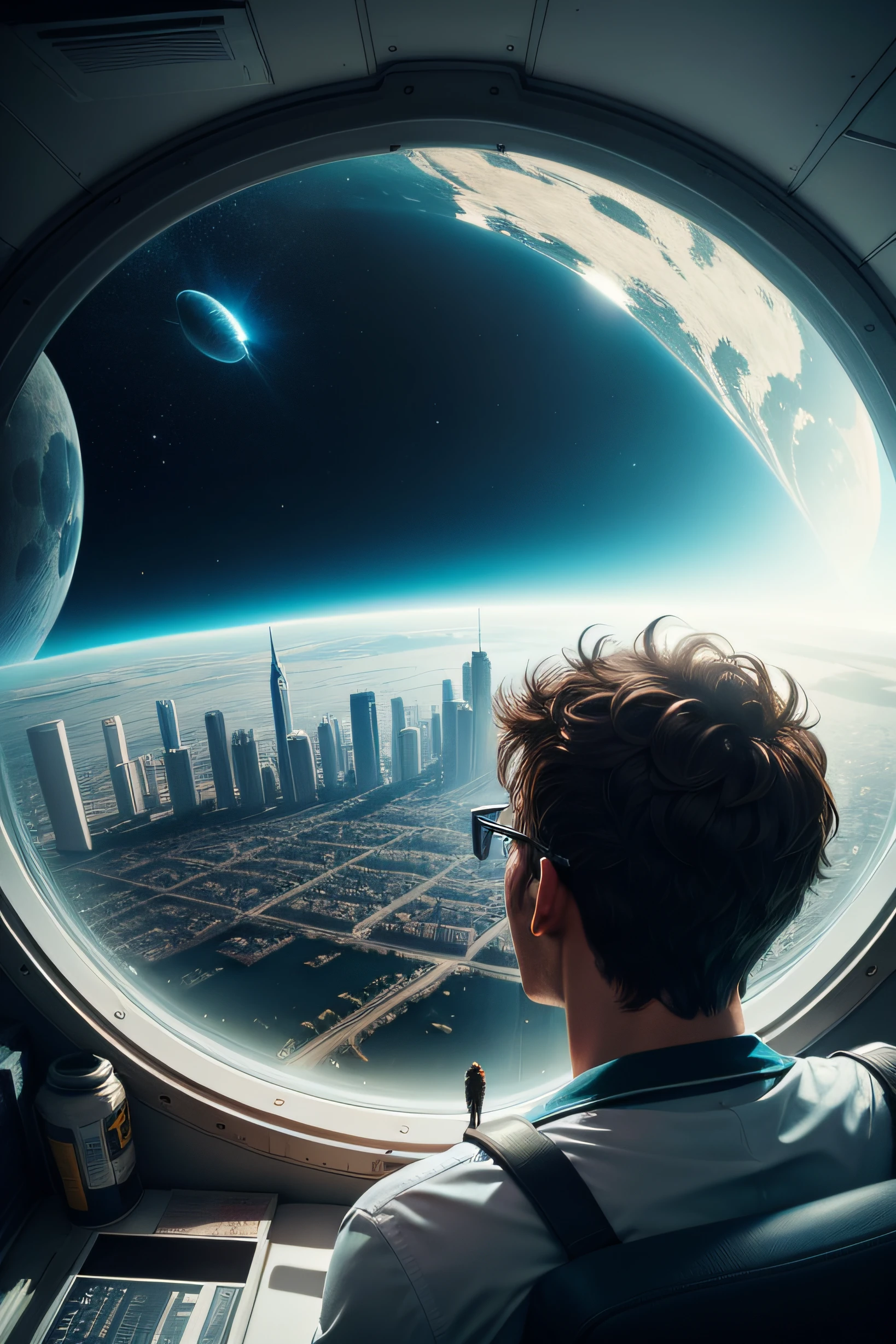 a man looking at a city through the window from inside an extraterrestrial spacecraft, movie scene, detailed.