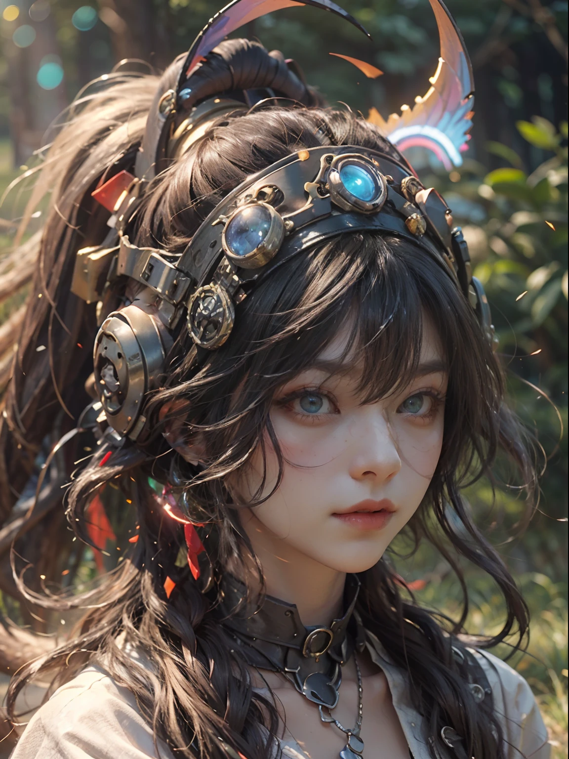 (tmasterpiece、best qualtiy),(Rainbow sparks),Age of steam waves,(steampunc:1.1),Machinary,(personification:1.4)red fox(mito,goddes,dynamicposes),Cyberpunk female figure,Perfect female body structure proportions,Colorful hair,(glowing light eyes:1.2),The eye emits rays,With a headband,street in ruins,The background is a forest,rays of sunshine,baiyun,lakes、grassy fields、illumination、pastelcolor,surrounded by cloud,The is very detailed,movie light effect,4K,incredibily detailed,Epic composition,Ray traching,Cinematic lighting effects,