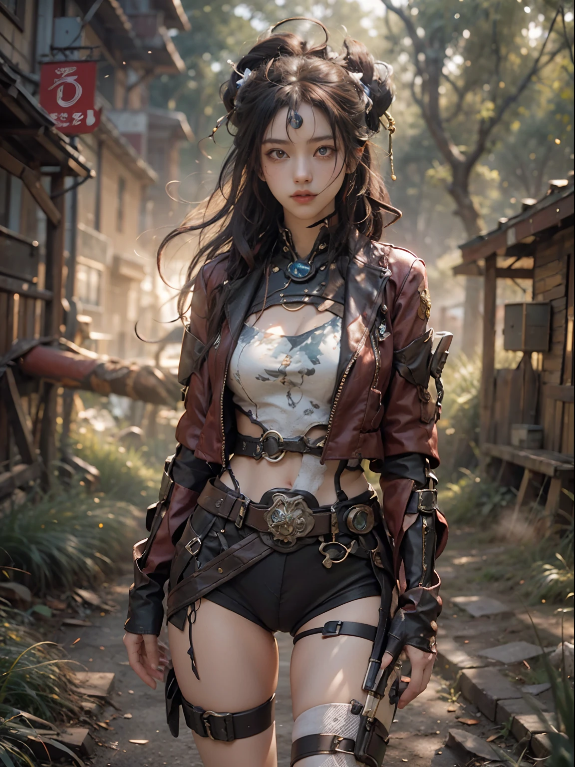 (tmasterpiece、best qualtiy),(Rainbow sparks),Age of steam waves,(steampunc:1.1),Machinary,(personification:1.4)red fox(mito,goddes,dynamicposes),Cyberpunk female figure,Perfect female body structure proportions,Colorful hair,(glowing light eyes:1.2),The eye emits rays,With a headband,street in ruins,The background is a forest,rays of sunshine,baiyun,lakes、grassy fields、illumination、pastelcolor,surrounded by cloud,The is very detailed,movie light effect,4K,incredibily detailed,Epic composition,Ray traching,Cinematic lighting effects,